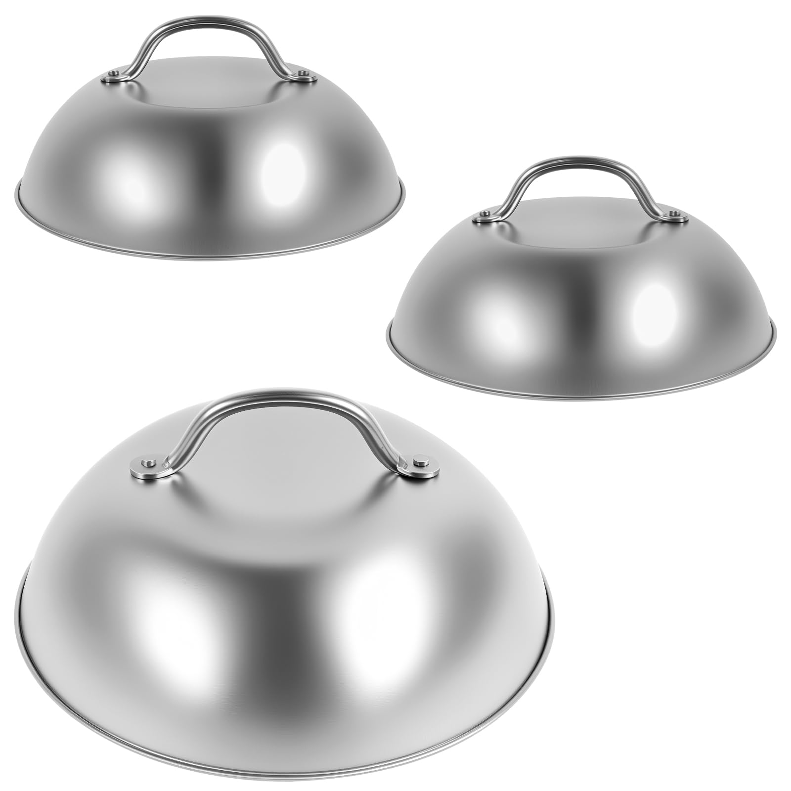 Guijzsltrg Silver 3Pcs Burger Cloche Covers 22.5/15/15Cm Stainless Steel Basting Cover Easy To Clean Steaming Domes Set Anti Slip Round Food Cover With Handle For Patties Grilling Barbecue Melting Cheese