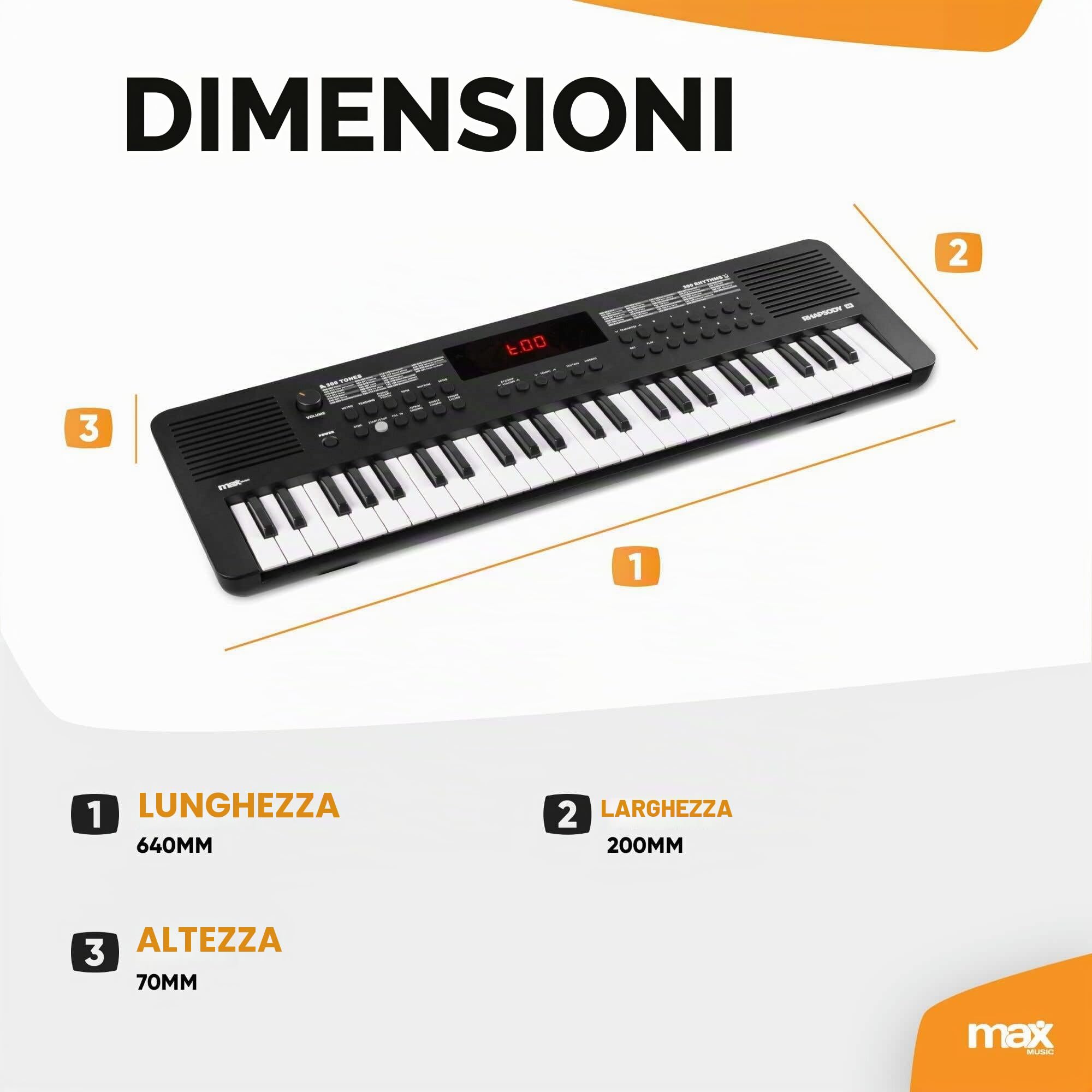 MAX Rhapsody - Tastiera elettrica a 49 tasti per principianti, perfetta tastiera elettronica, ideale per principianti, con 6 mesi di lezione, divertente e facile da suonare
