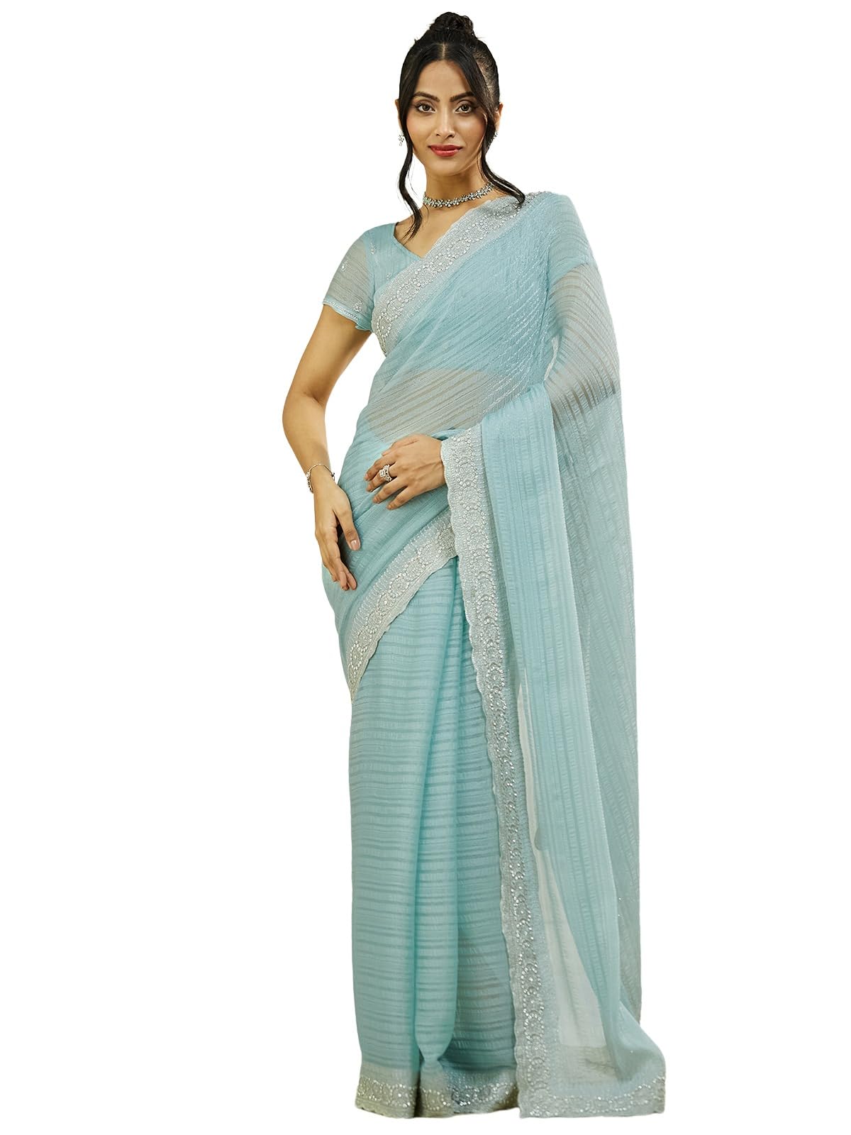 Satrani Women's Shimmer Chiffon Self Woven Embroidery Stone Work Saree With Unstitched Blouse Piece (4019S562N_Powder Blue)