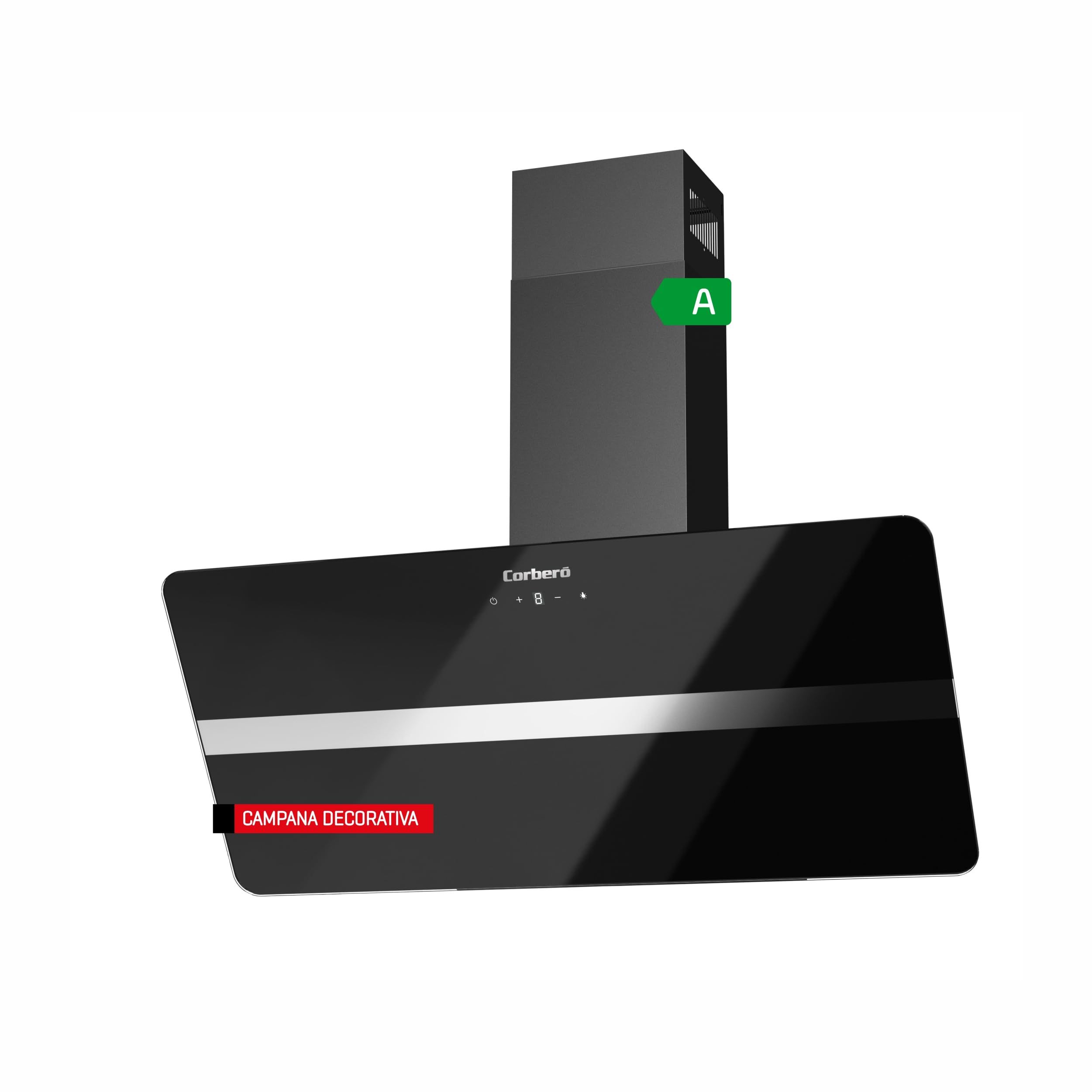 Corbero - Campana Decorativa | VICTORIA960B | Cristal Negro | 90 cm | 165W | 3 Velocidades | Control Touch | Caudal 594,2 m3/h | Vidrio Templado | Filtro Aluminio y Carbón | E. Energética A | Blanco