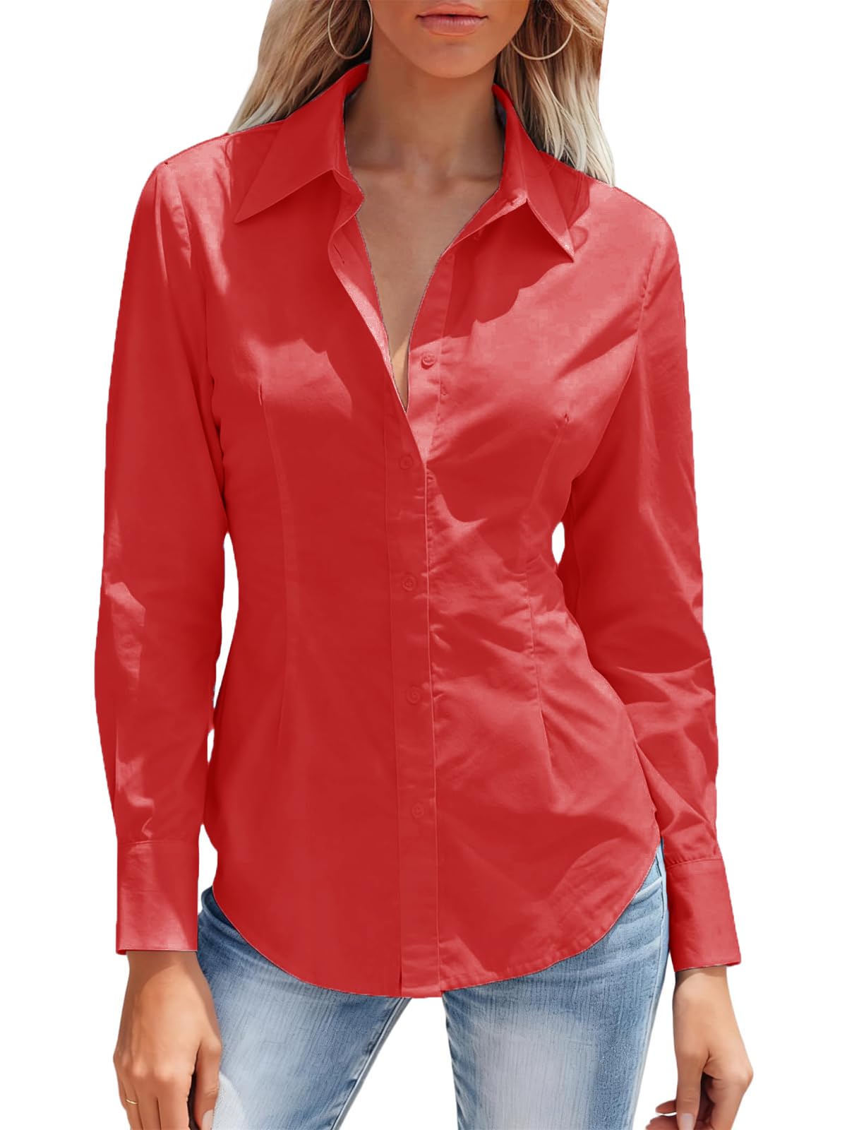 Mutitop Button Down Shirts for Women Long Sleeve Dress Shirts Wrinkle Free Collared Work Office Solid Blouses Corset Tops