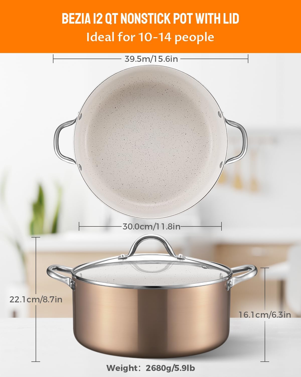 BEZIA Large 12 Quart Nonstick Cooking Pot with Lid, Induction Stock Pot, Soup Pot for All Stovetops, Non-toxic and Oven Safe, PFOA PFAS Free, Golden - Image 2