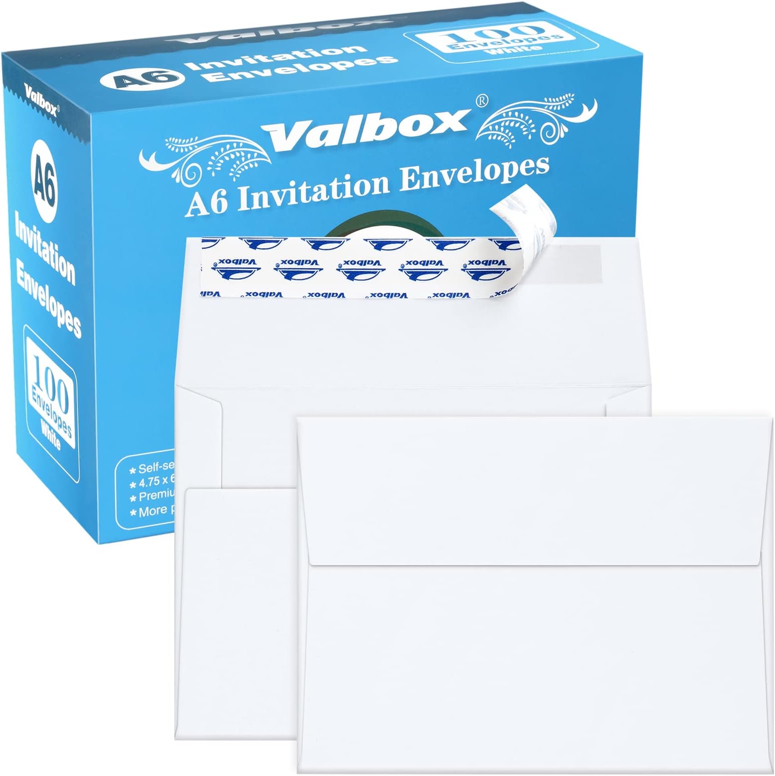 ValBox100 Qty A6 Envelopes Self Seal 6.5 x 4.75" White Kraft Paper Invitation Envelopes for 4x6 Cards, Photos, Invitations, Weddings, Baby Shower, Birthiday, Announcements, RSVP (A6)
