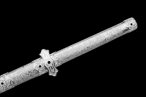 Miniatura 3 de Yongli Sword Fulll Tang - Hoja grabada de acero de manganeso de alta calidad, hecha a mano, espada china de cuero blanco plateado