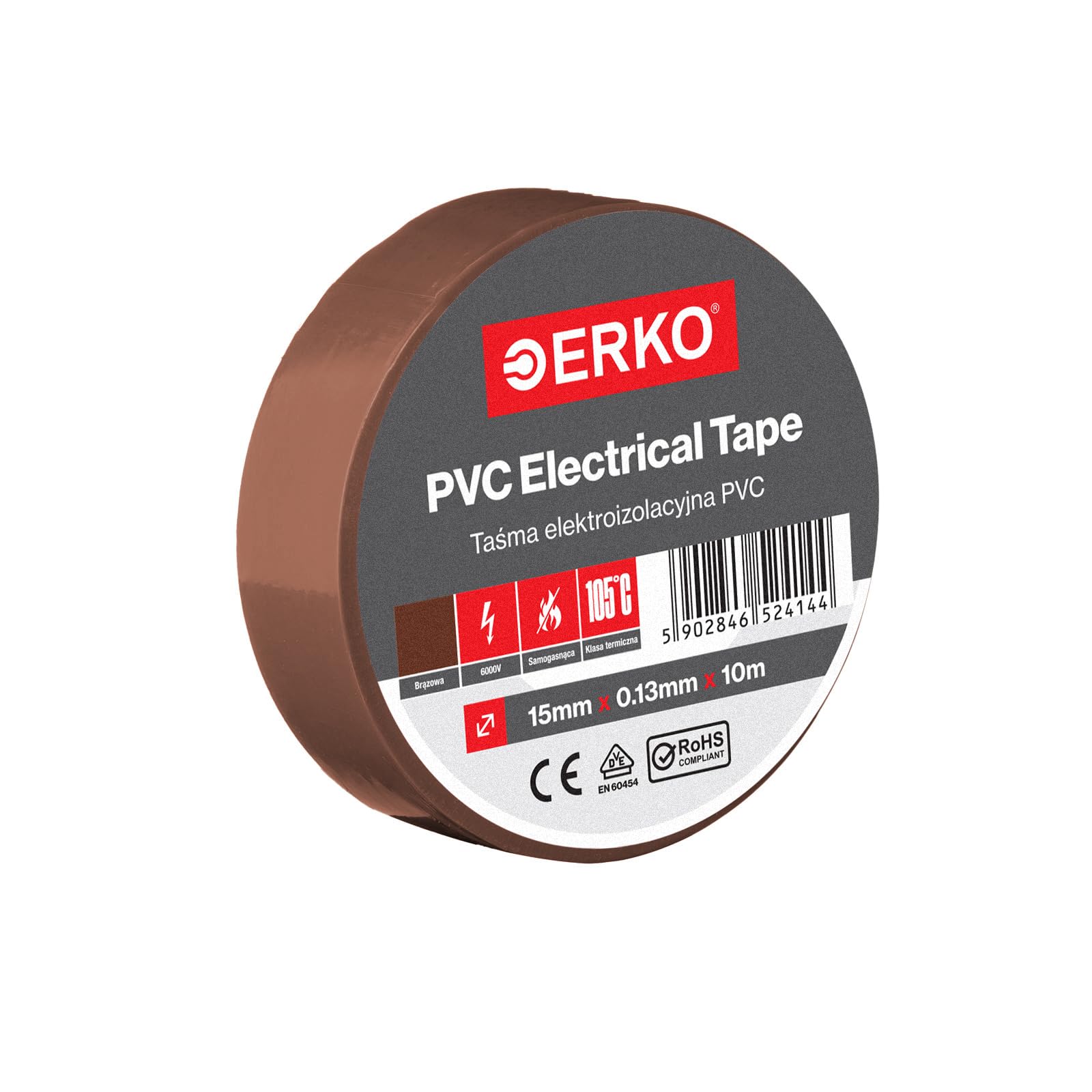 ERKO - Zestaw taśm izolacyjnych z PCW 15 mm x 10 m | naprawa przewodów elektrycznych | bardzo elastyczna o dużej sile klejenia | odporna na chemikalia, brązowa, polichlorek winylu