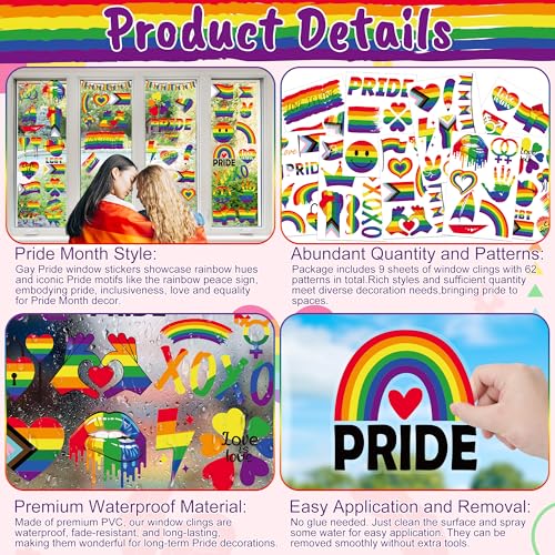 Image of 62 PCS Gay Pride Window Clings, 9 Sheets Pride Decorations, Double-Sided Rainbow Window Clings with Progress Flag Equality Love Motifs, LGBT Stickers for Lesbian Pansexual Bisexual Home Decor