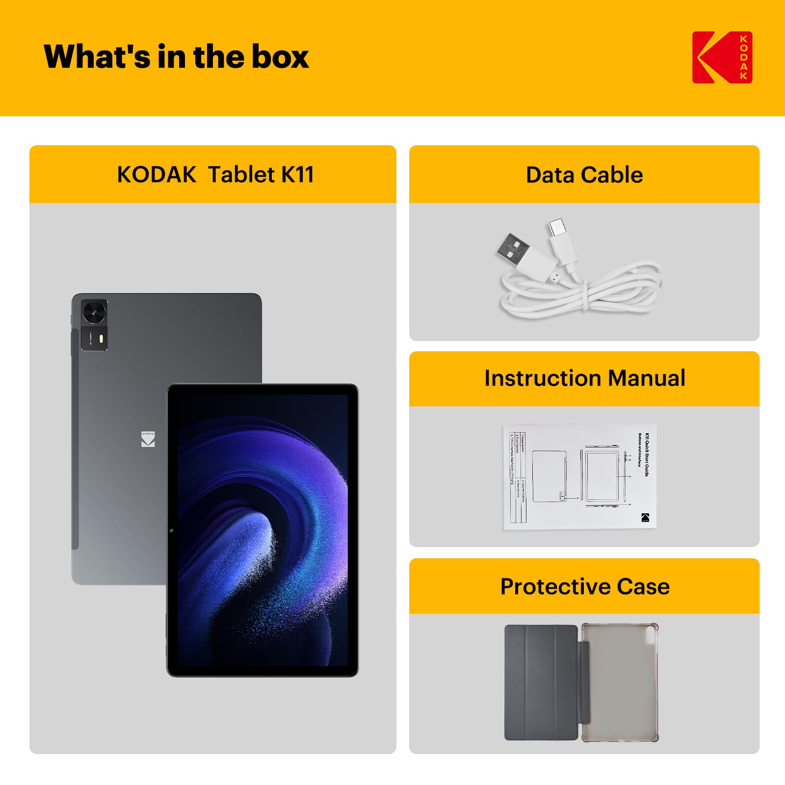 KODAK K11 Android 15 Tablet, 11 Inch Incell Touchscreen, 12GB RAM +128GB Storage (1TB Expandable), 8000mAh Long Battery, Quad Speakers, 16MP Camera, Dual WiFi, GPS, for Work Entertainment Gaming
