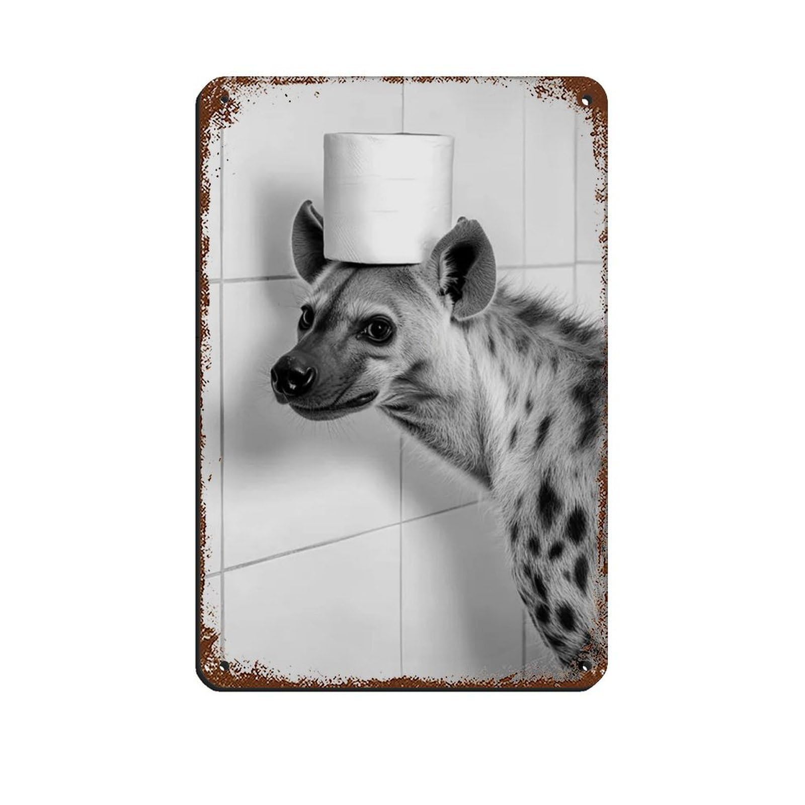 Hyena with A Toilet Paper Roll on Head Retro Poster Metal Tin Sign Chic Art Retro Iron Painting Bar People Cave Cafe Family Garage Poster Wall Decoration 8x12inch(20x30cm)
