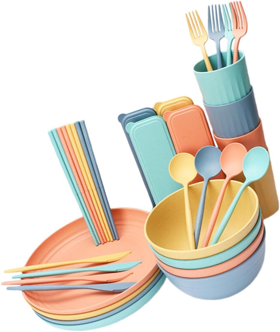 IMIKEYA 4Sets Wheat Straw Tableware Set Household Cutlery Collection Microwave Safe Plates Bowls Cups Forks and Spoons for Outdoor Dining Camping and Everyday Use