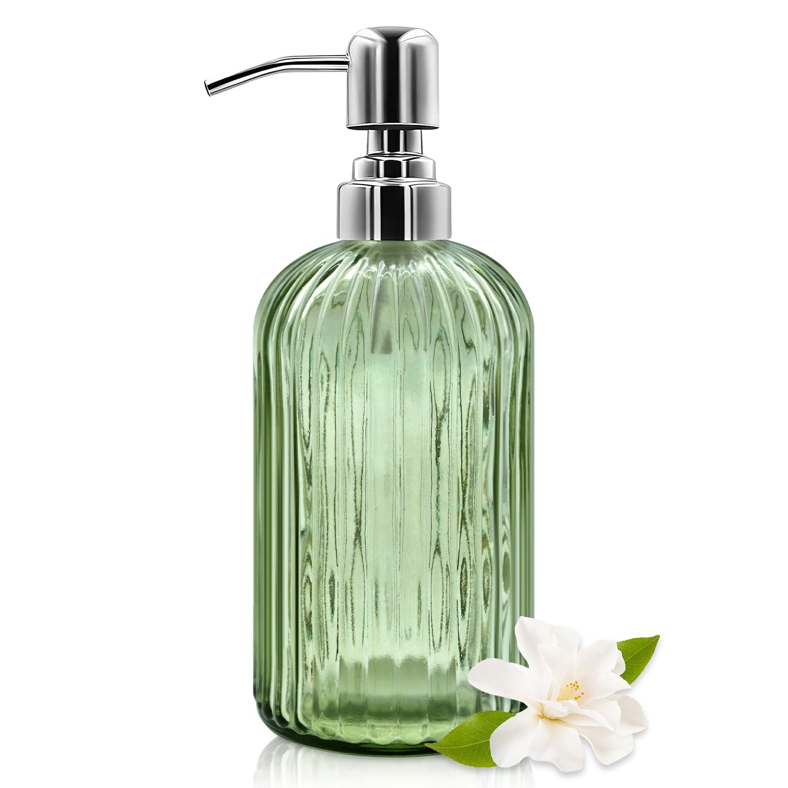 Photo 1 of 18 Oz Glass Soap Dispenser with Stainless Steel Pump, Modern Ribbed Design Refillable Liquid Soap Bottle for Bathroom, Kitchen, Hand Soap, Dish Soap, or Lotion (Light Green)