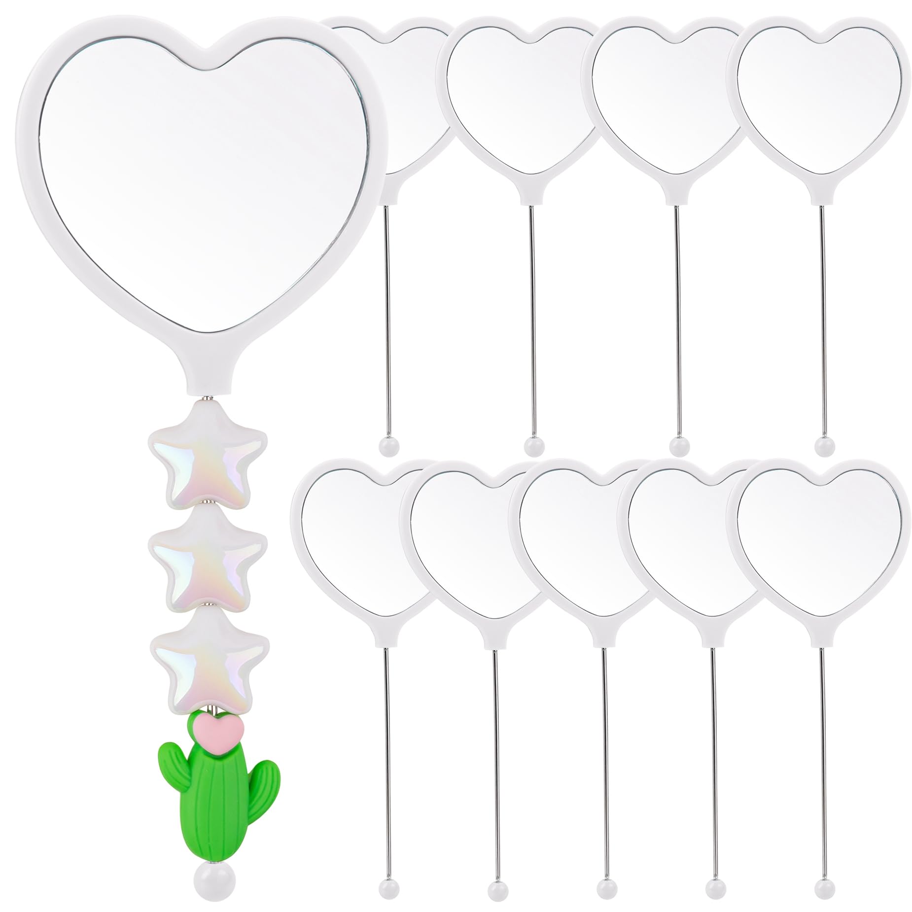 Framendino, 10 Pack Beadable Heart Travel Makeup Mirrors with Blank Bar Handheld for DIY Jewelry Making White-image-26