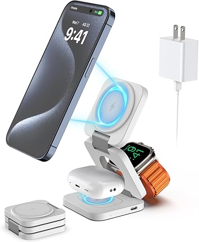 Estación de carga plegable 3 en 1 para Apple, cargador inalámbrico magnético rápido KU XIU compatible con iPhone 15 14 13 12 ProMaxPlus, 5W para