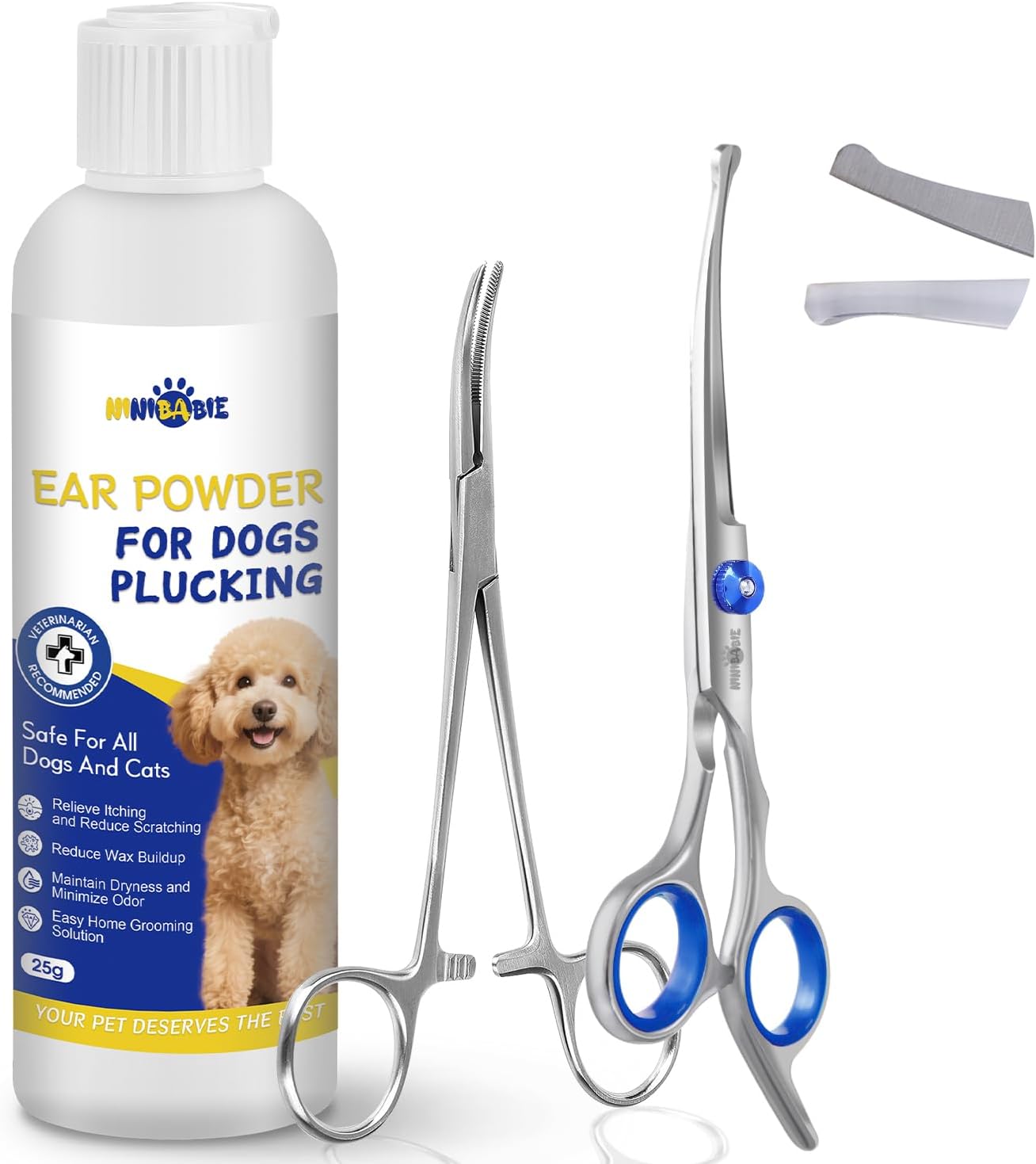 Dog Ear Hair Removal Kit - Ear Powder,Blunt Tip Grooming Scissors&Tweezers Set - Safe Hair Plucking Tool for Dogs,Ear Cleaner for Itching,Infection Treatment for Poodles, Doodles Ear Cleaning Kit