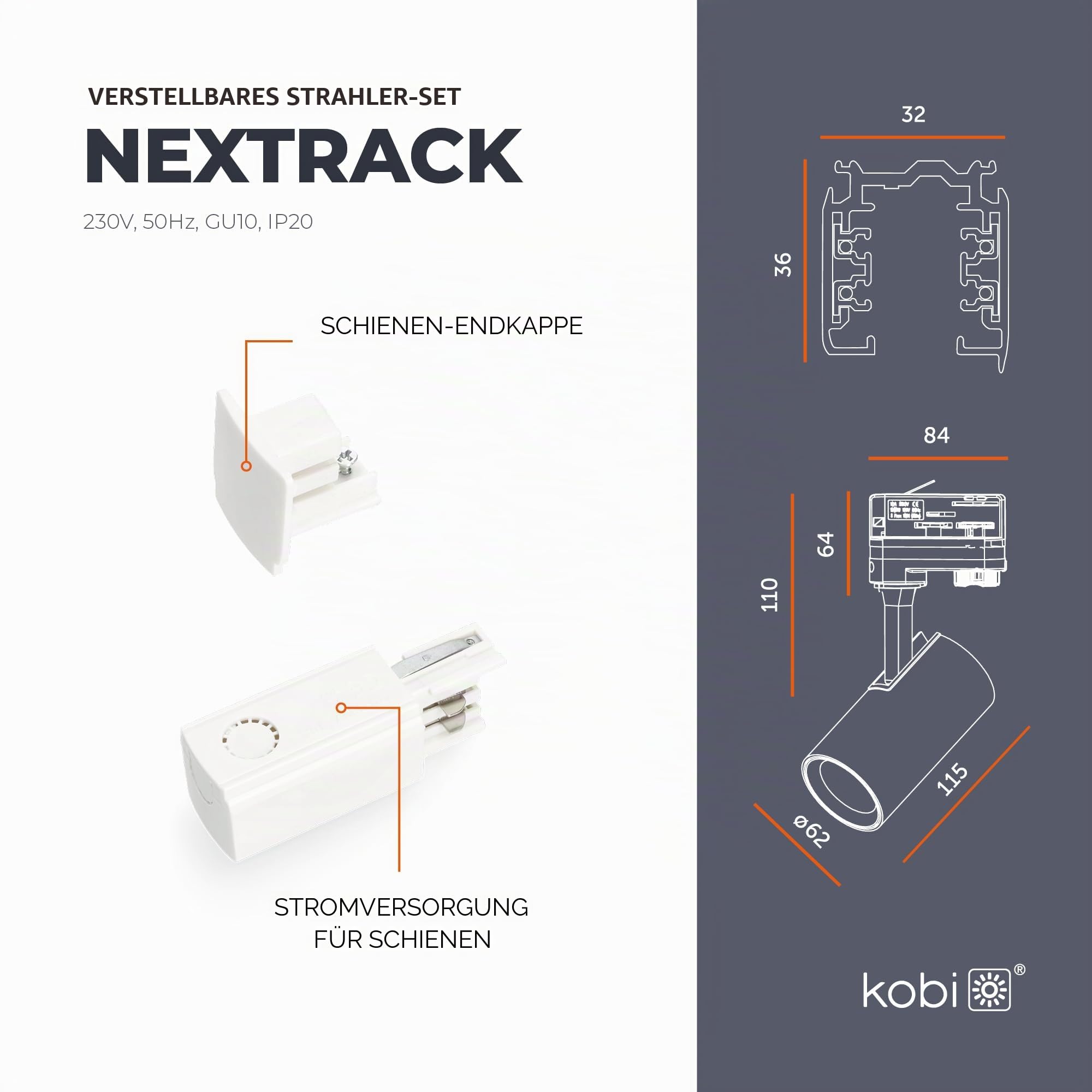 3-Phasen-Schienen-Set NEXTRACK - Schienensystem Komplett-Set mit 4x GU10 Spots und 2m Schiene + Stromversorgung + Kappe (Weiß, Schiene 2 Meter)