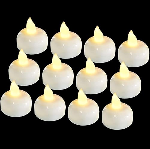 Paquete de 12 velas flotantes impermeables sin llama, velas de té con batería de Navidad, velas de té flotantes parpadeantes que funcionan con