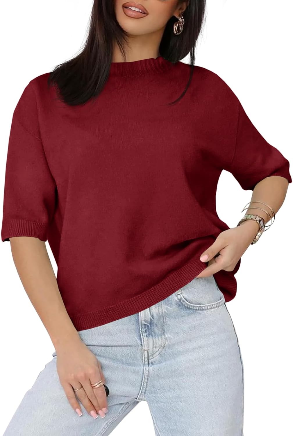 Saodimallsu Womens Short Sleeve Sweater Crew Neck Pullover Summer Lightweight Loose 2025 Knit Tops Dressy Casual Blouse