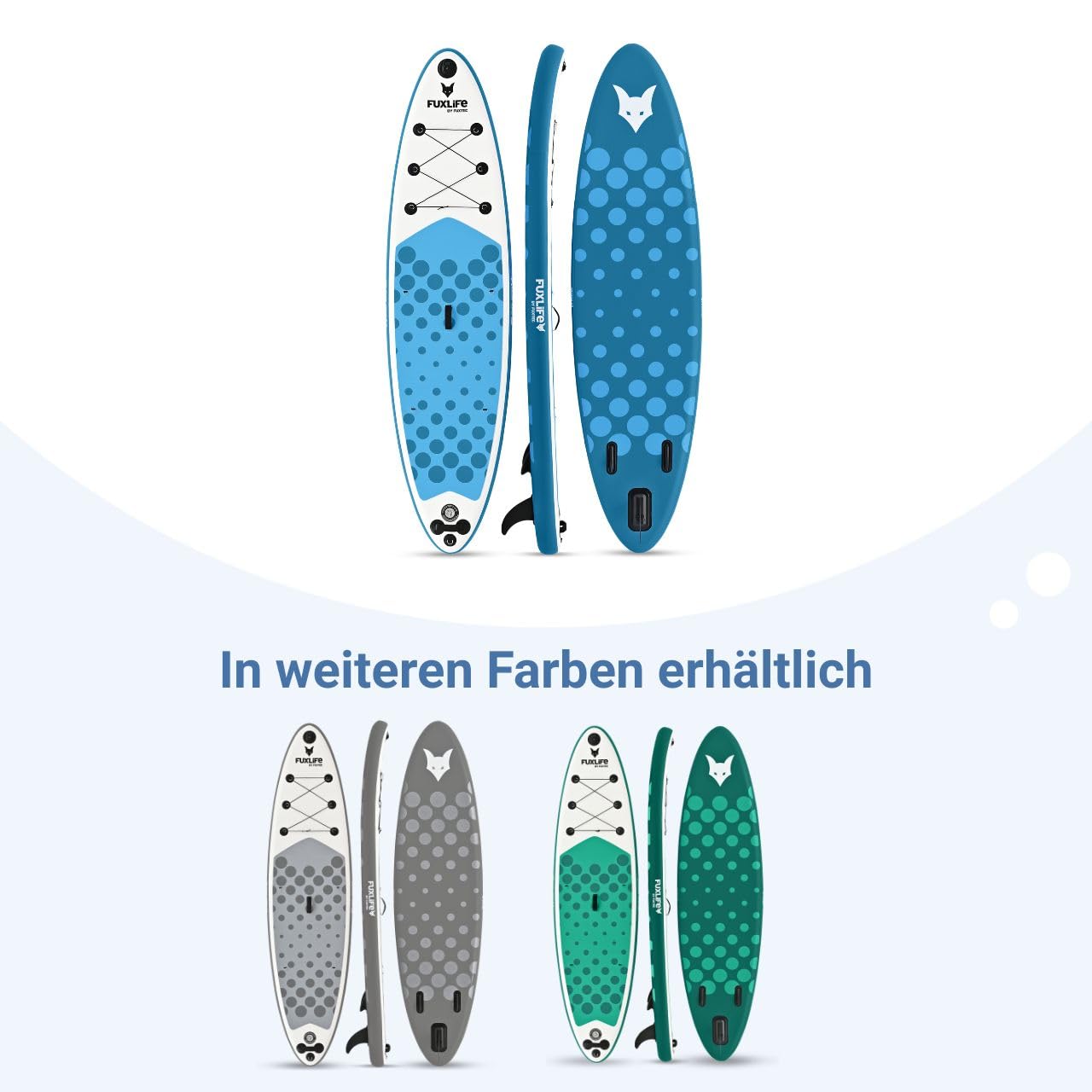 Fuxtec Aufblasbares SUP Board ECO Set – Stand Up Paddle Board 320 x 81 x 15 cm mit 3 Finnen – Touring-Board belastbar bis 150kg – inkl. Packsack