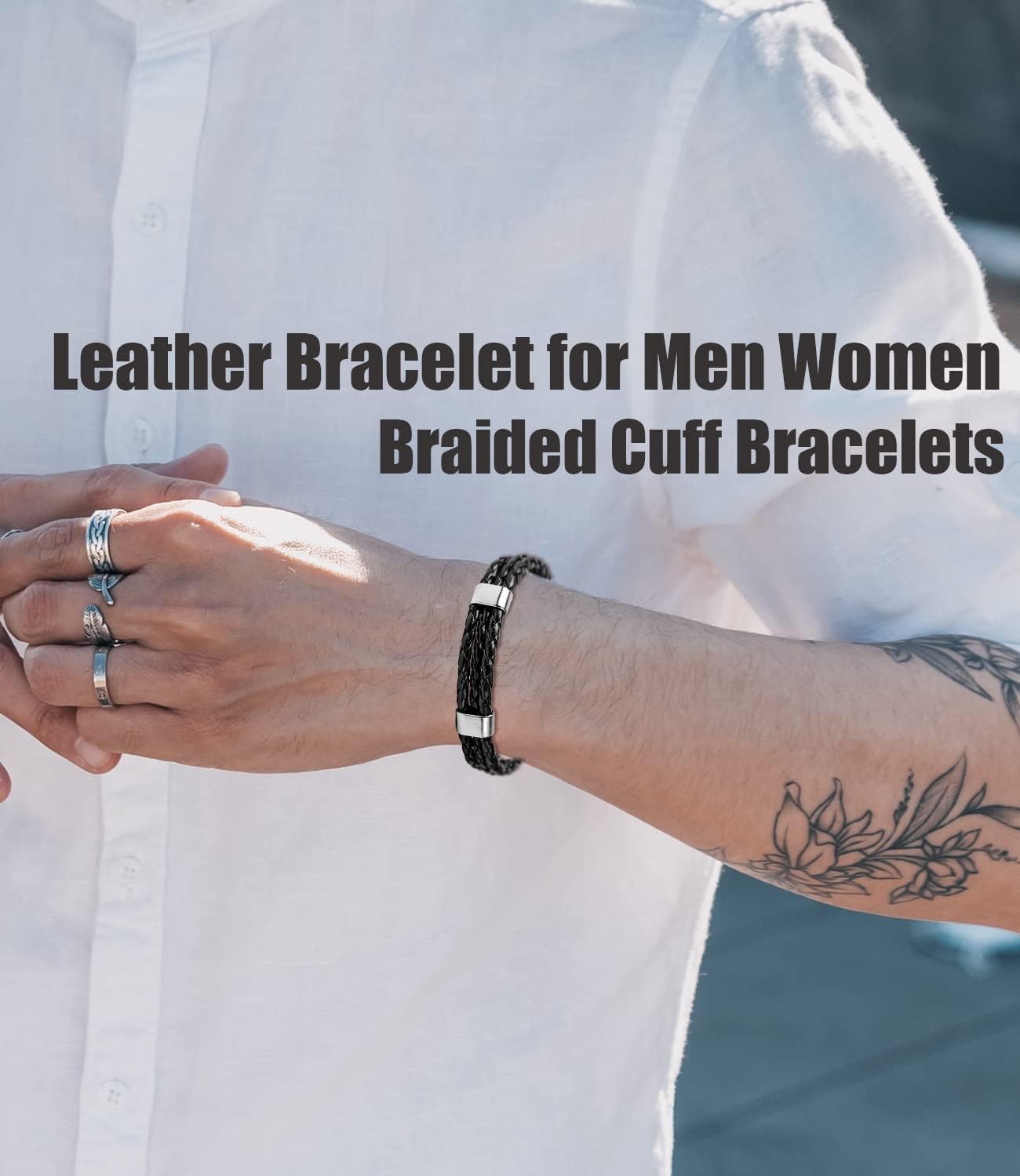 BOMAIL 10Pcs Black Leather Bracelets for Men Women Braided Leather Wristband Cuff Bracelets Punk Leather Bracelets Set - Image 3