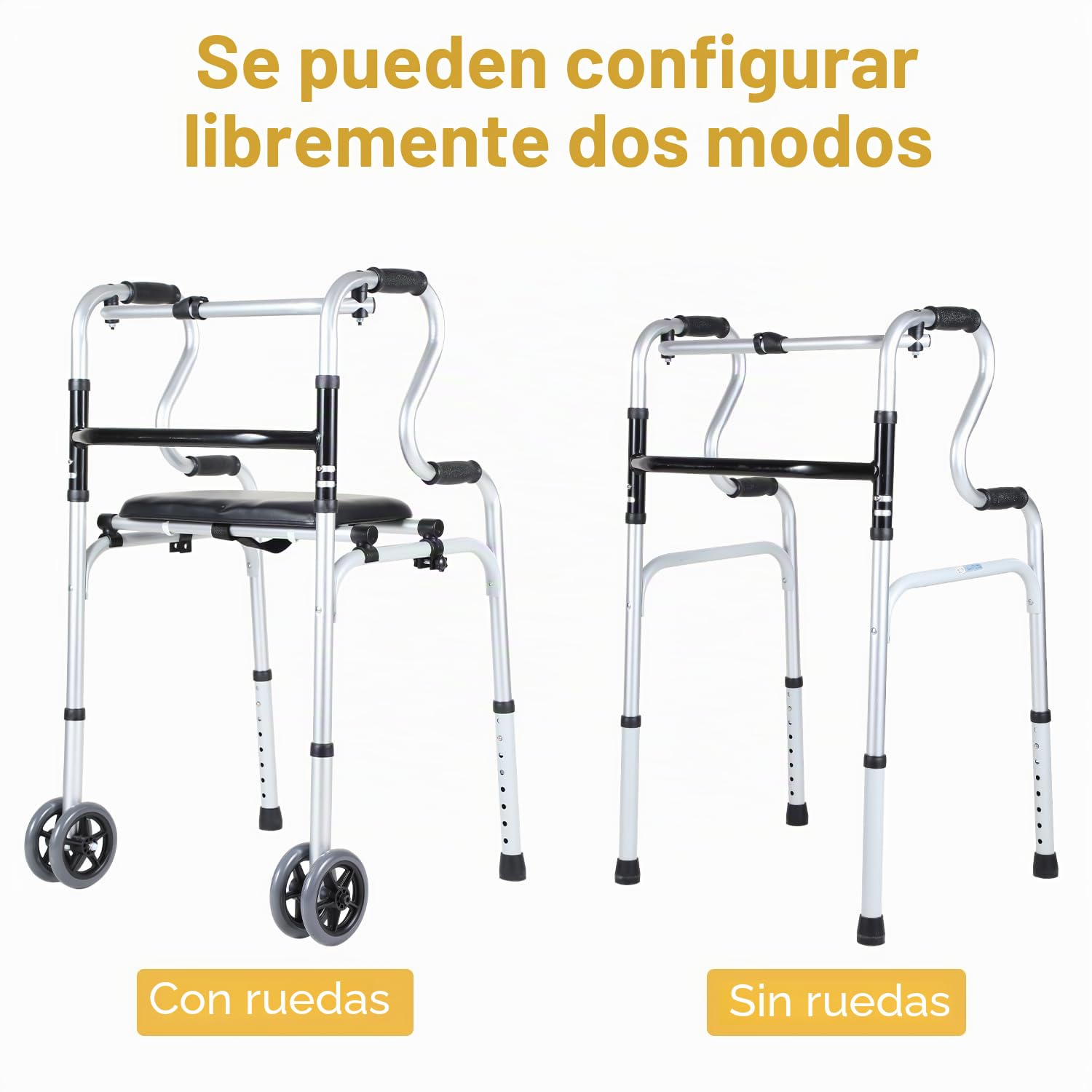 Andador para personas mayores, caballete plegable con 2 ruedas, altura regulable, aluminio, antideslizante, estable hasta 180 kg, color plateado