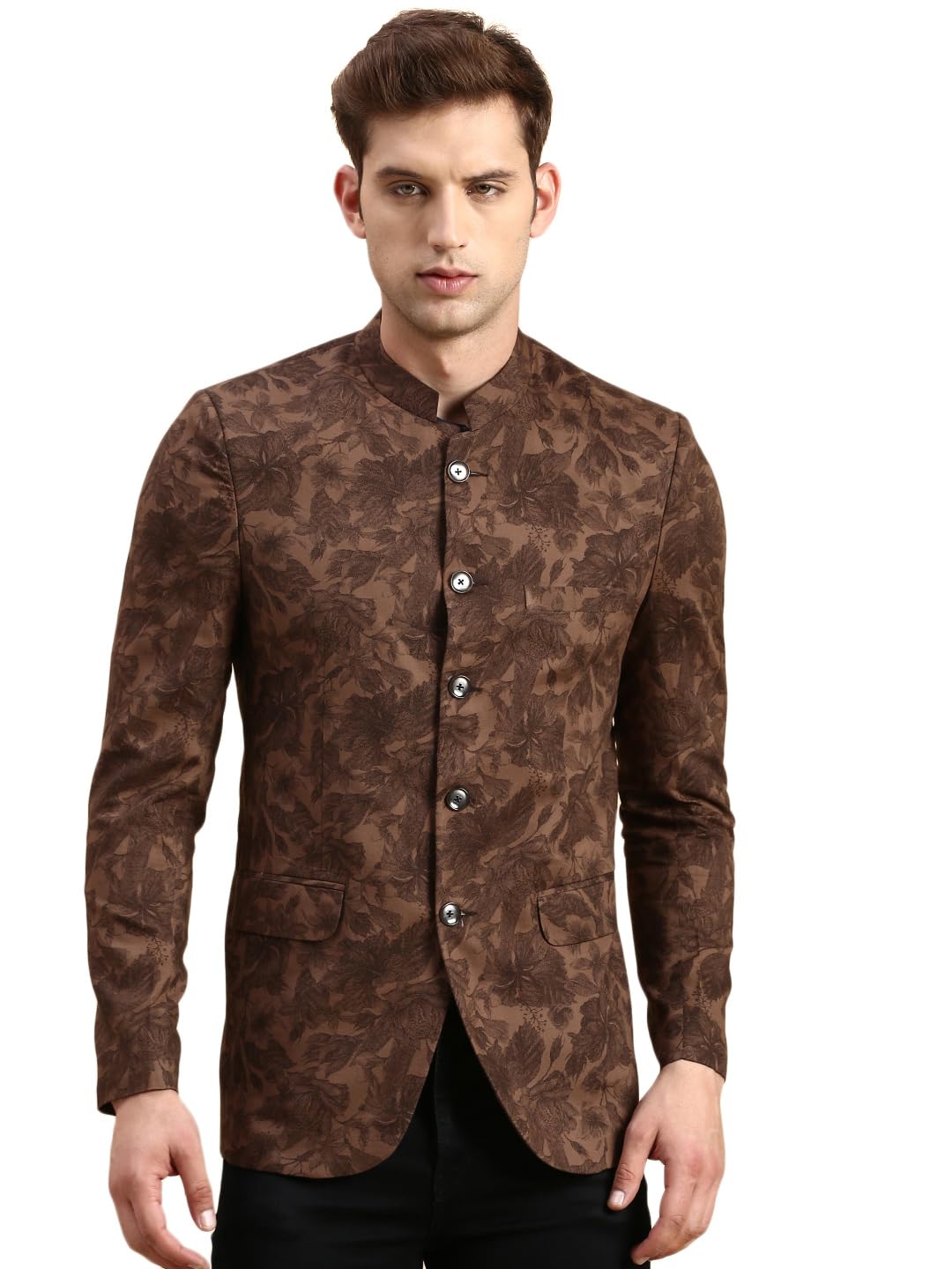 showoffff SHOWOFF Men's Printed Mandarin Collar Slim Fit Bandhgala Brown Blazer-SOBLZ-79-12_Brown-picture-28
