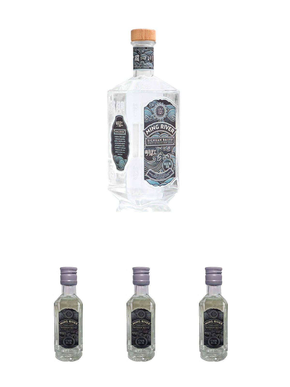 Ming River Sichuan Baijiu (weisser Brand) 45% 0,7 Liter + Ming River Sichuan Baijiu (weisser Brand) 45% 3 x 0,05 Liter Miniatur