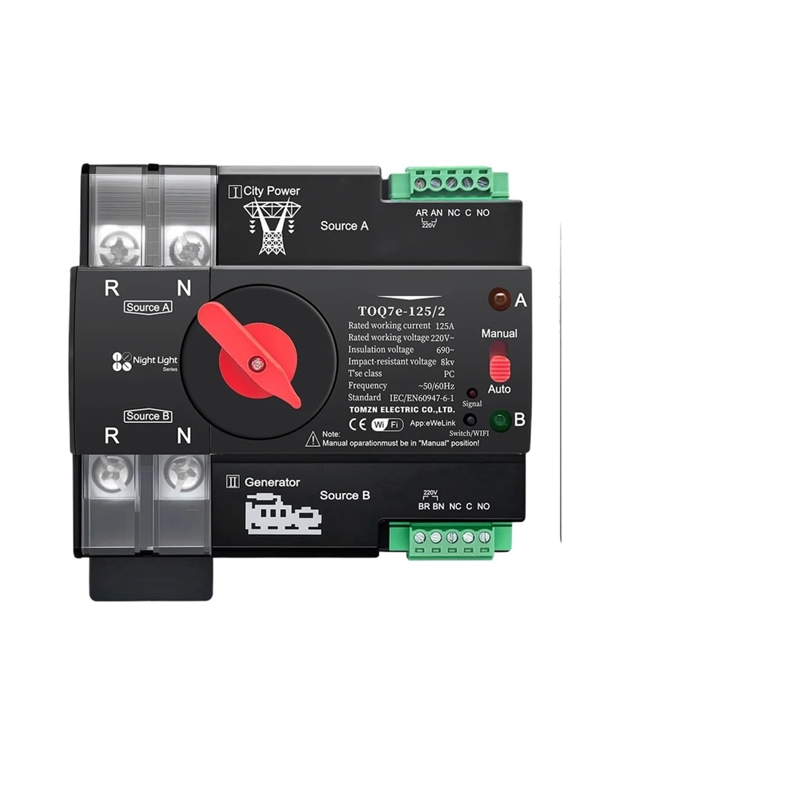 230 V, nieprzerwany automatyczny przełącznik elektryczny, podwójny wyłącznik czasowy, 2P 125 A