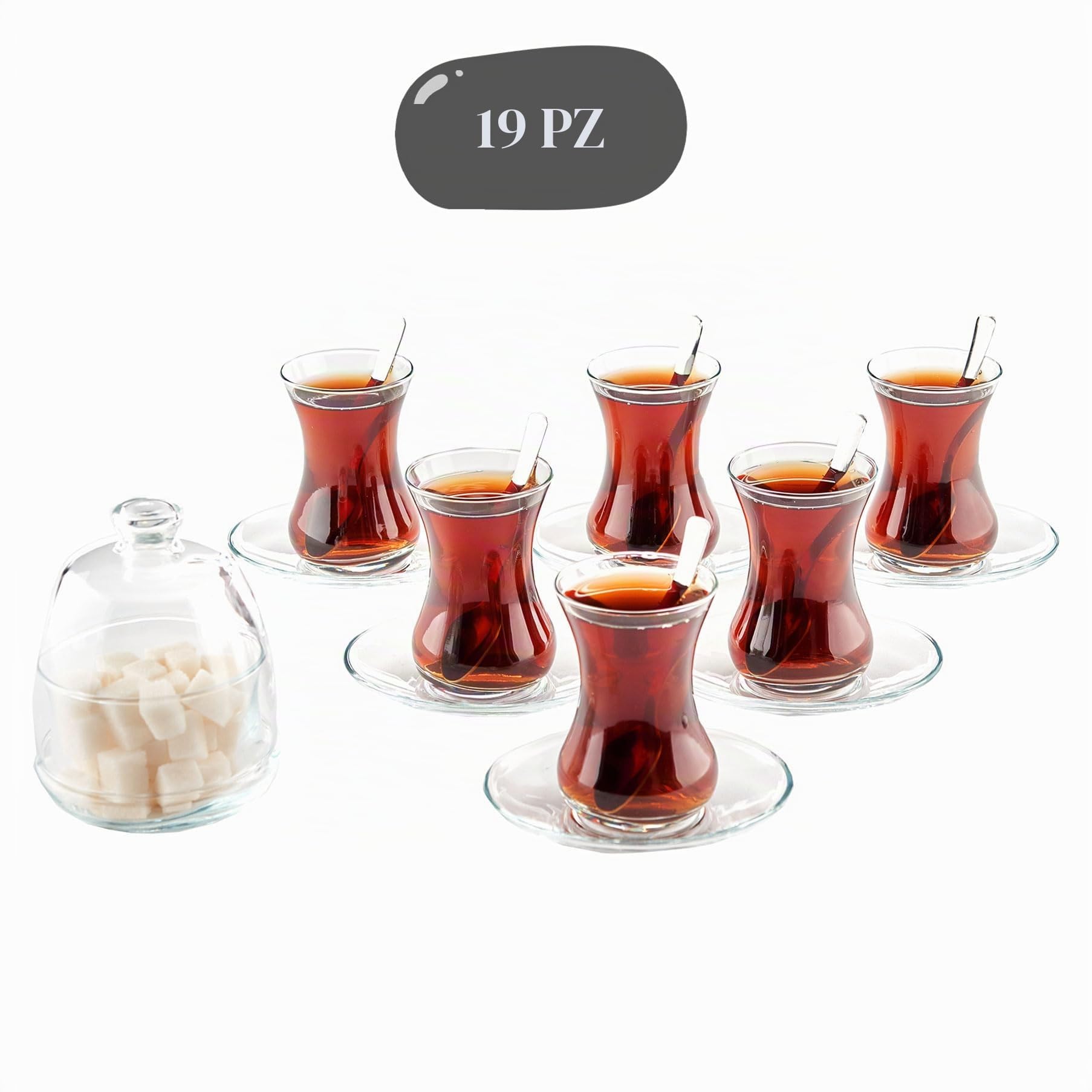 Set da tè tradizionale turco da 19 pezzi Include; 6 bicchieri tazze da tè (4,5 once), 6 piattini, 6 cucchiai in acciaio inossidabile e una zuccheriera con coperchio in vetro (8,6 once).
