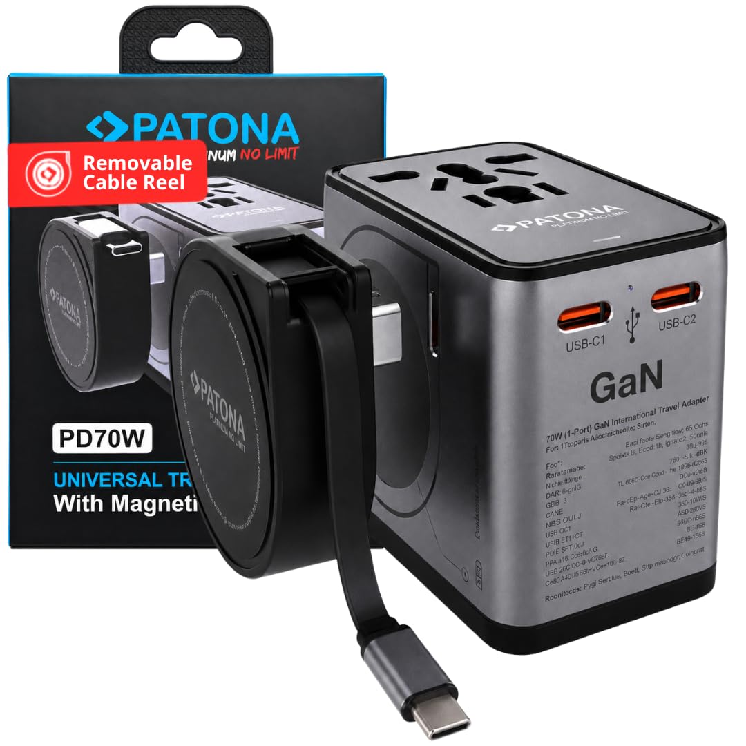 PATONA Adapter podróżny 70 W GaN z magnetyczną rolką kablową | uniwersalny adapter i wtyczka podróżna z 3 USB-C PD + 1 USB-A QC | adapter podróżny USA, Anglia, Japonia, UE 150+ krajów