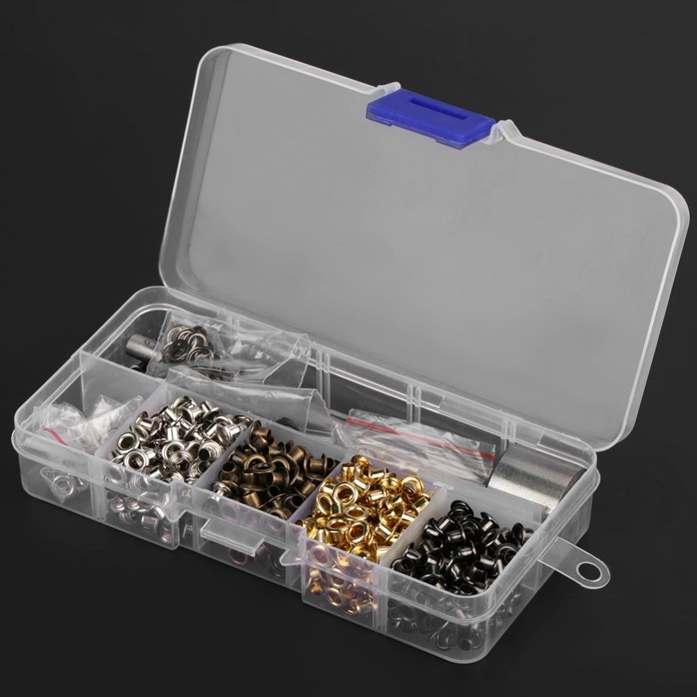 Kit Occhielli e Rondelle 420 Pezzi 3mm con 3 Strumenti di Installazione, 4 Colori Semplici Rinforzi Adesivi per Occhielli Artigianato, Rivetti Riparazione Tessuto Telo