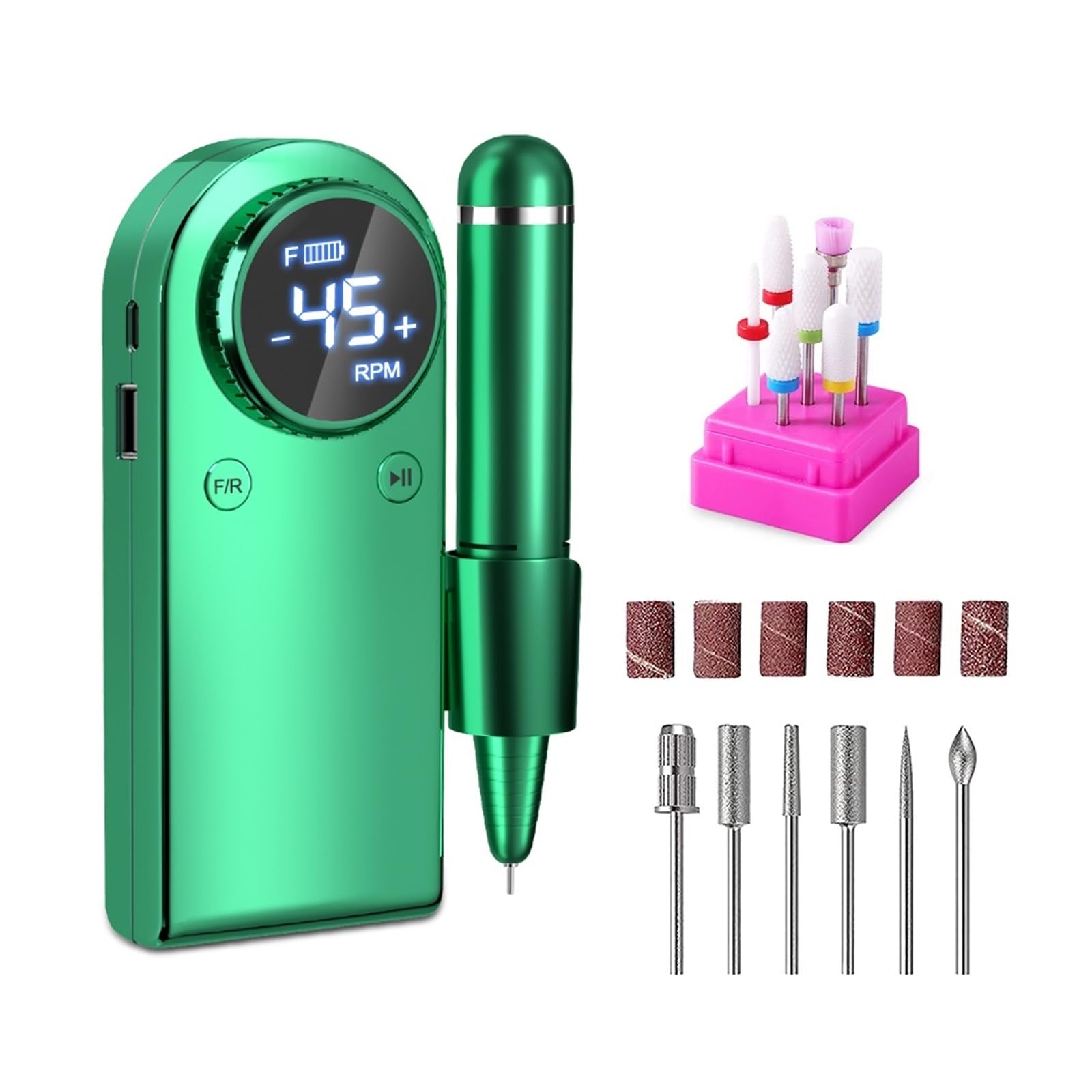 Machine à Ongles, Perceuse à ongles électrique professionnelle, perceuse rechargeable portable 45000 tr/min for en gel acrylique, outil de polissage manucure(MS901 Green2)