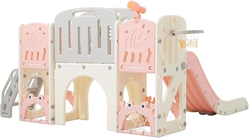 Miniatura 7 de Juego multiactividad 11 en 1 para niños pequeños con tobogán, aro de baloncesto y telescopio, patio de juegos para interiores y exteriores para