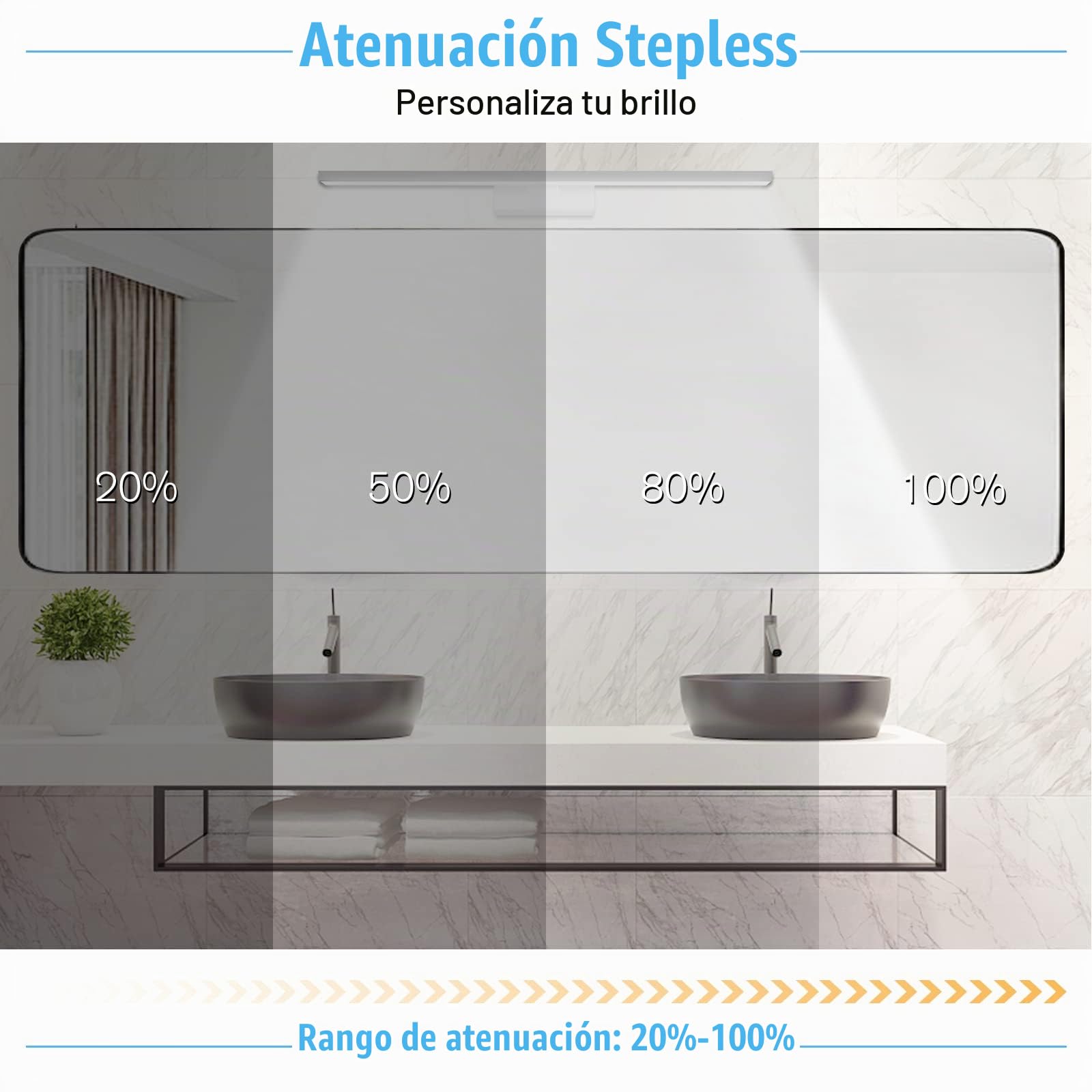 NIORSUN Lámpara LED Para Espejo de Baño, 18W 80cm, 1800 Lm, Atenuación Libre 3000K - 6000K, Regulable Con Mando a Distancia, Acero Inoxidable, Aplique Impermeable IP44
