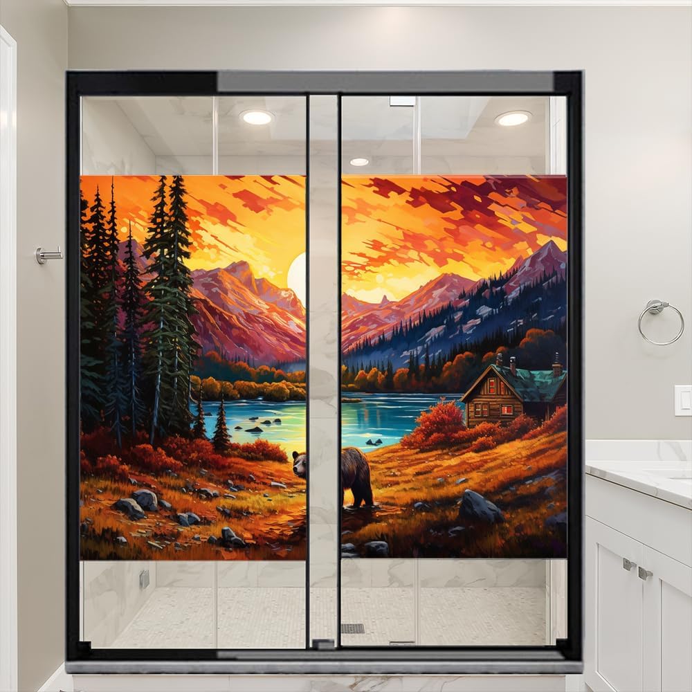Sunset Abstract Bear Window Film Coverings Mountains Forest Lake Cabin Wild Animal Window Privacy Film Self-Adhesive Glass Film Decorative Sticker Frosted Film for Home 17.7Wx23.6L-inch x2 Pcs