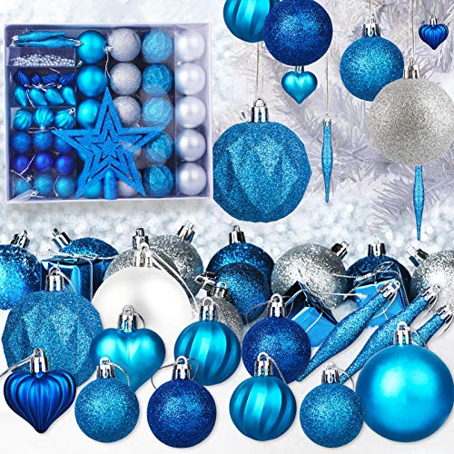 HOWAF Kerstboomballen set - 50 stuks kerstballen van kunststof zilver en blauw, plastic kerstballen onbreekbaar met hanger voor kerstboomdecoratie en kerstboomversiering - Image 5