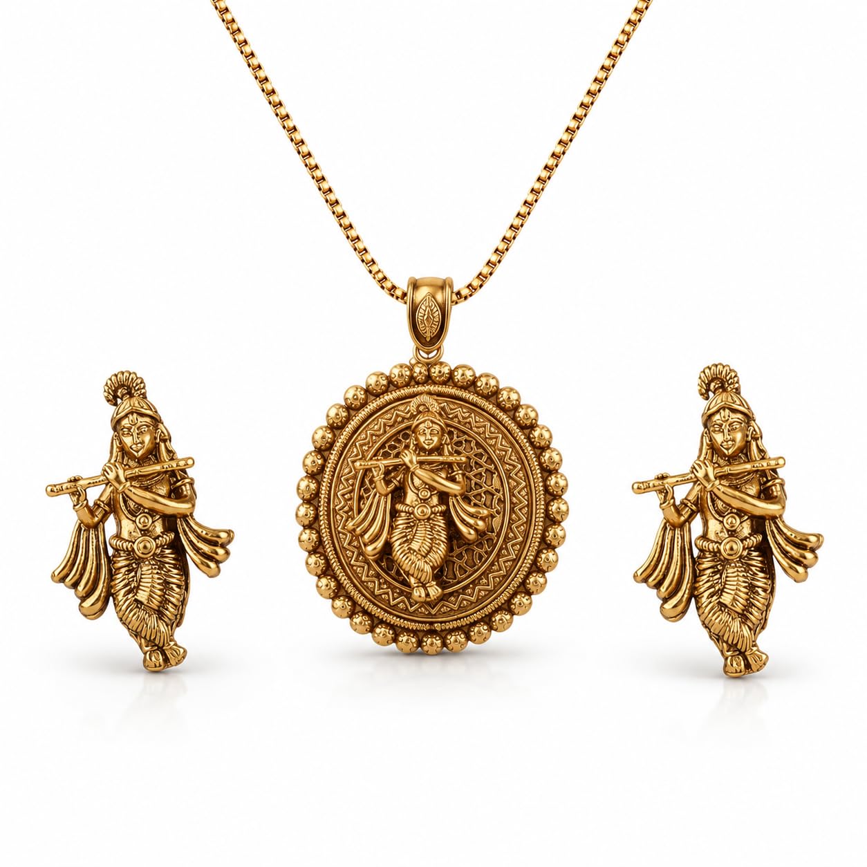 Traditional Gold-Plated Standing Krishna Pendant Necklace Set for Women | Temple Style Ethnic Long Chain with Matching Earrings | Ideal for Festivals, Weddings & Traditional Occasions-image-0
