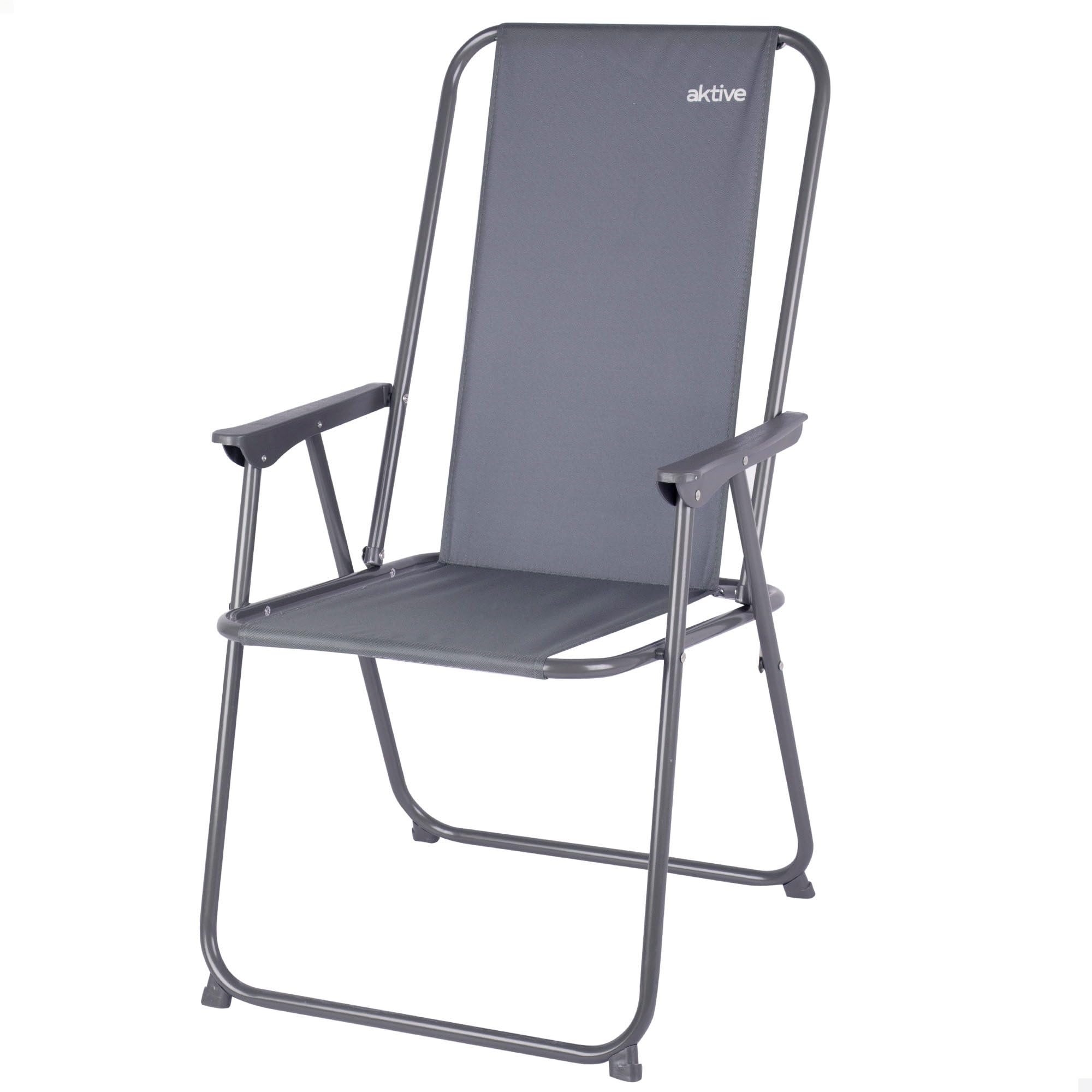 AKTIVE Silla Camping Plegable, 44x44x88 cm, Color Gris, Incorpora topes antivuelco, Soporta 110 kg, Estructura Acero, Tejido poliéster, Reposabrazos plástico, Sillas Plegables (63062)