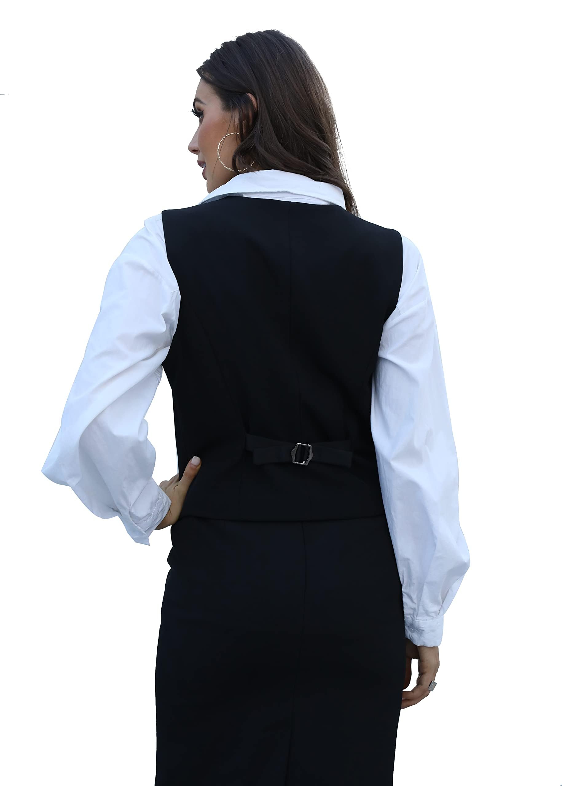 Gilet Vintage Femme Col V Boutonné Steampunk Sans Manches Costume Gilet Poches Couleur unie Veste Décontracté Travail Bureau Tunique Veste