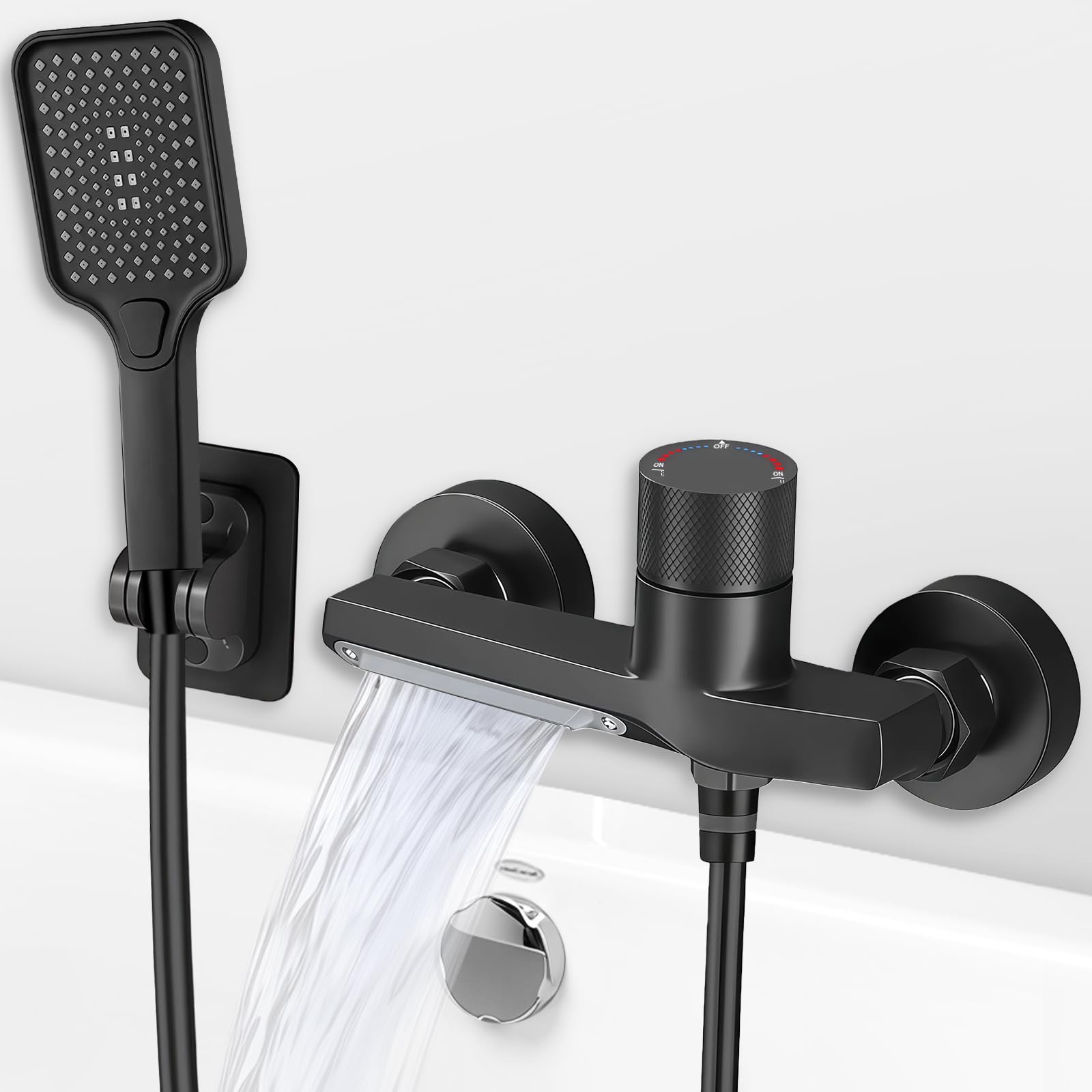 Grifo para Bañera y Ducha con Alcachofa de Mano, Monomando Mezclador de Latón, Montado en Pared 150cm Cable PVC