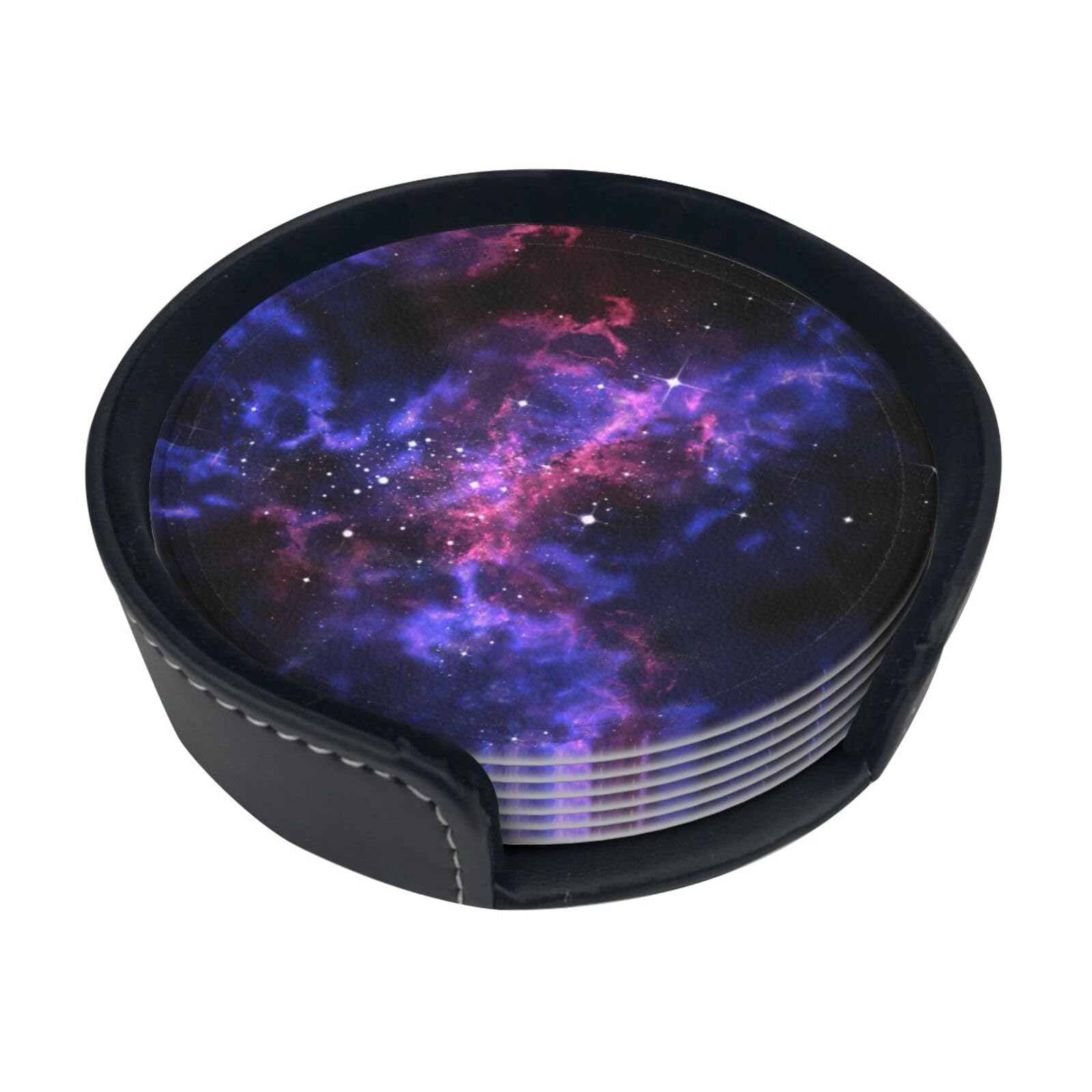 Universe Galaxy Star Space Print Leather Coasters Set Of 6 With Holder,4 Inch Round Drink Coasters,Heat Resistant,Easy Clean For Home & Bar