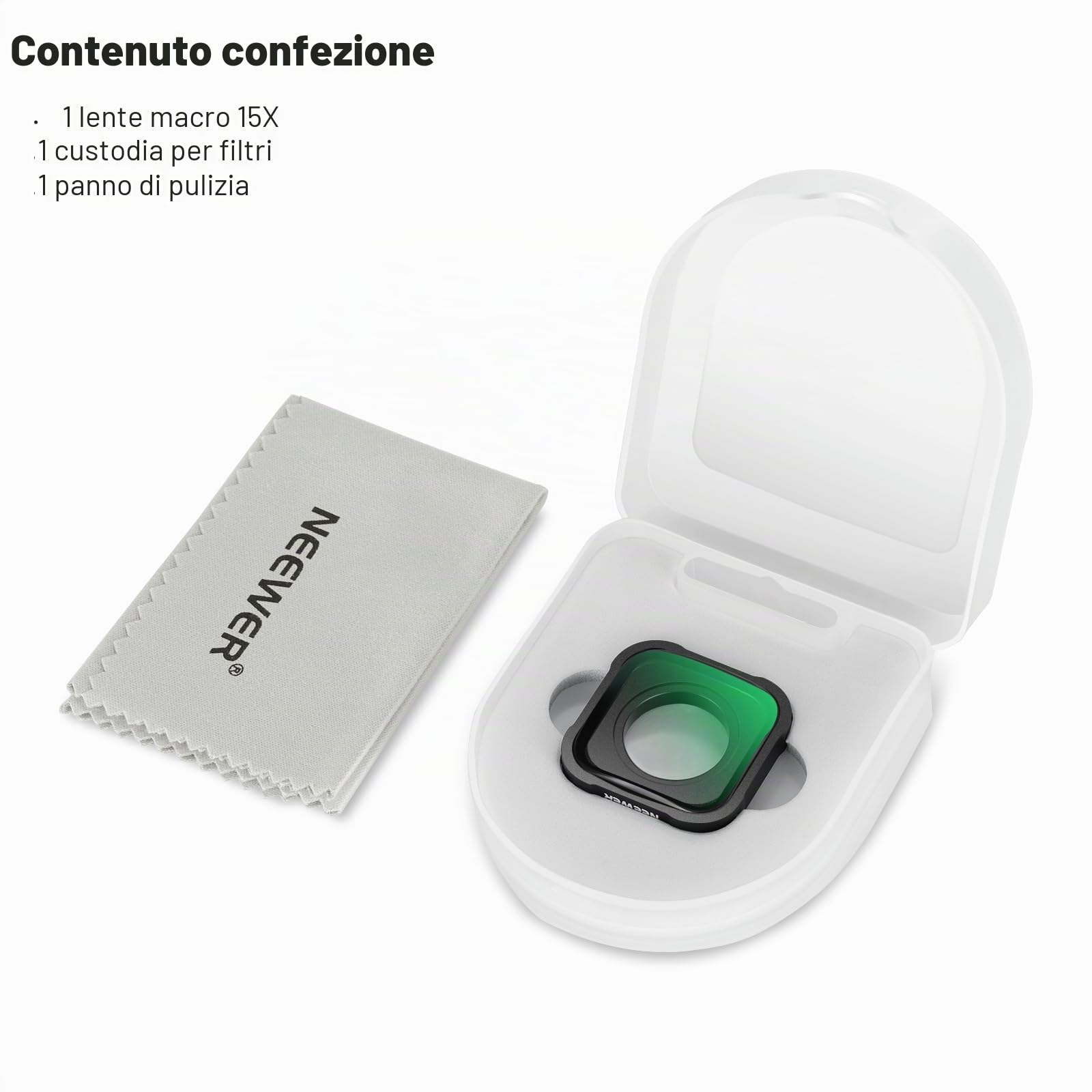NEEWER Obiettivo d'Ingrandimento 15X Compatibile con GoPro Hero 13 12 11 10 9 Action Cam,Antiriflesso Vetro Ottico HD Multistrato Distanza Focale 7-10cm per Foto Macro Primo Piano,Non Antiacqua, LS-31