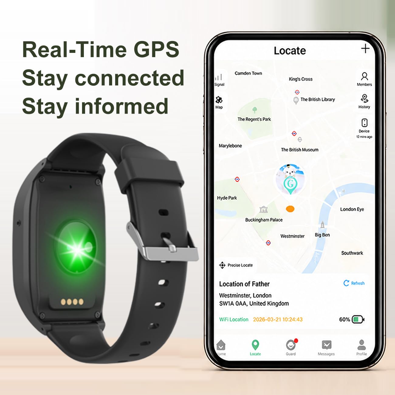 Bracciale Salvavita Anziani Personale Orologio SOS Anziani Anticaduta Rilevamento Cadute Localizzazione Bracciale GPS Notifica di Caduta per Smartphone Black,5.8 * 3.5 * 1.8cm