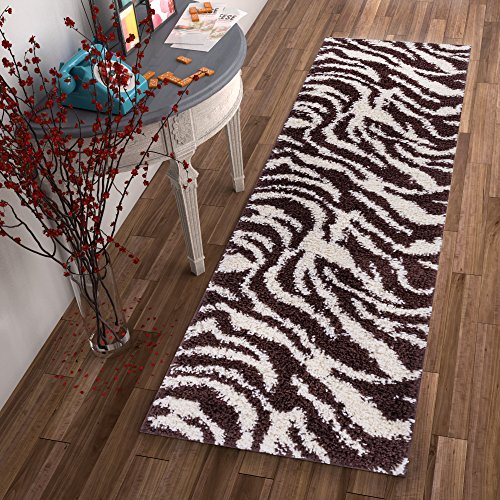 Modern Animal Print 2x7 (2'' x 7'3'' Runner) Area Rug Shag Zebra Brown Ivory Plush Easy Care Thick Soft Plush Living Room