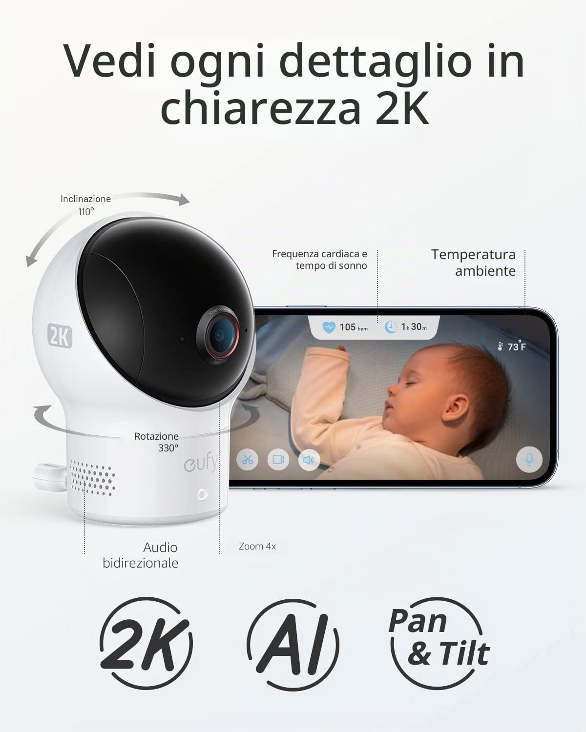 Calzini Intelligente eufy Baby S340, baby monitor Wi-Fi 2,4 GHz, monitoraggio del sonno, ritmo cardiaco, ossigeno nel sangue, telecamera 2K, rilevamento IA del Pianto, Panorama e Inclinazione, senza