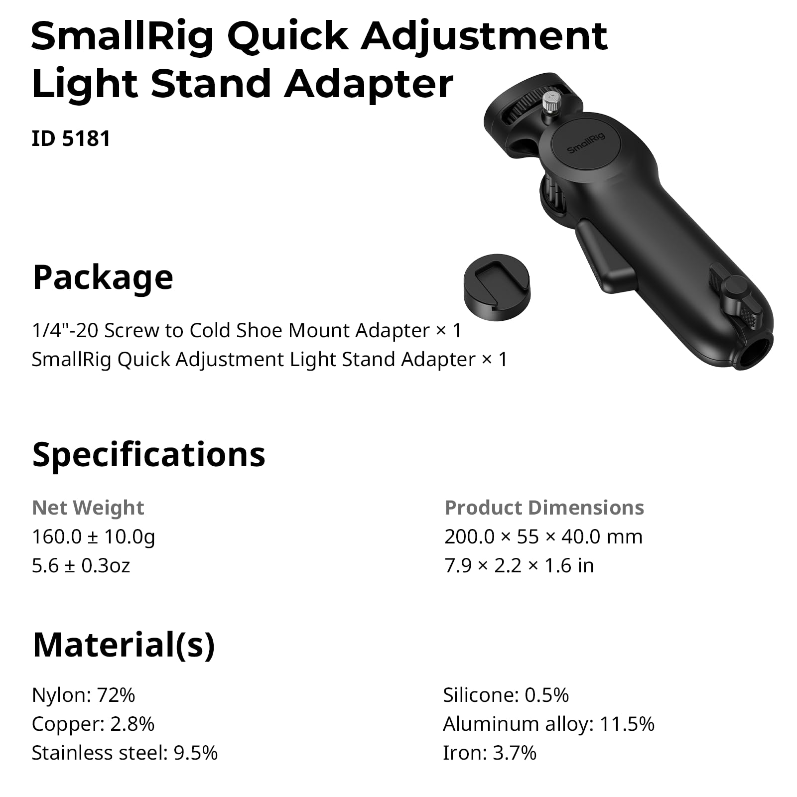 SMALLRIG 5181 - Adattatore a sgancio rapido, capacità di carico 6,6 lb, rotazione a 360°, capacità di carico 3 kg, per luce video COB, clip per cellulare, per flash fotocamera