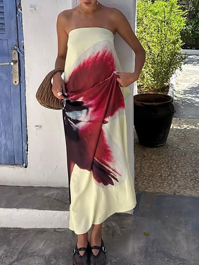 Women Y2k Strapless Maxi Dress Floral Print Tube Long Dress Boho Beach Sundress Going Out Streetwear2