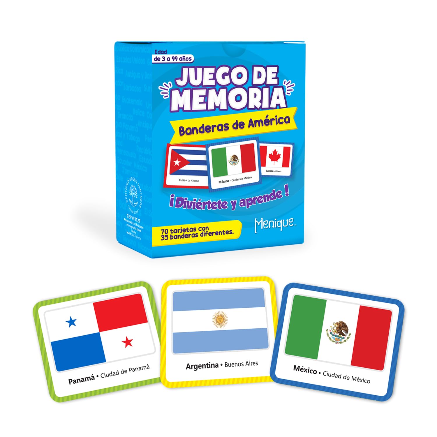 Menique Flags of The Americas Memory Matching Game - Spanish Version - 70 Cards (35 Pairs) with Flags, Countries, and Capitals - Educational Matching Game in Spanish for Kids and Adults