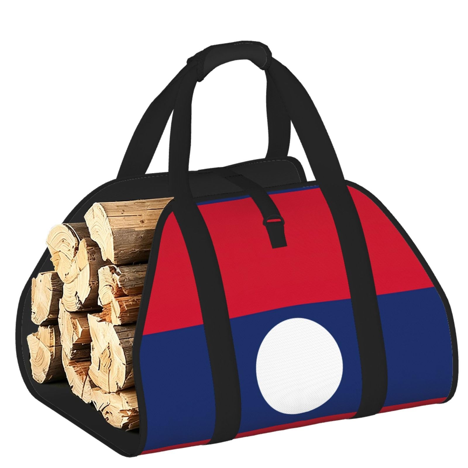 Flag of Laos Printed Firewood Log Carrier, Large Tote Bag with Reinforced Handles for Camping Fireplace Home