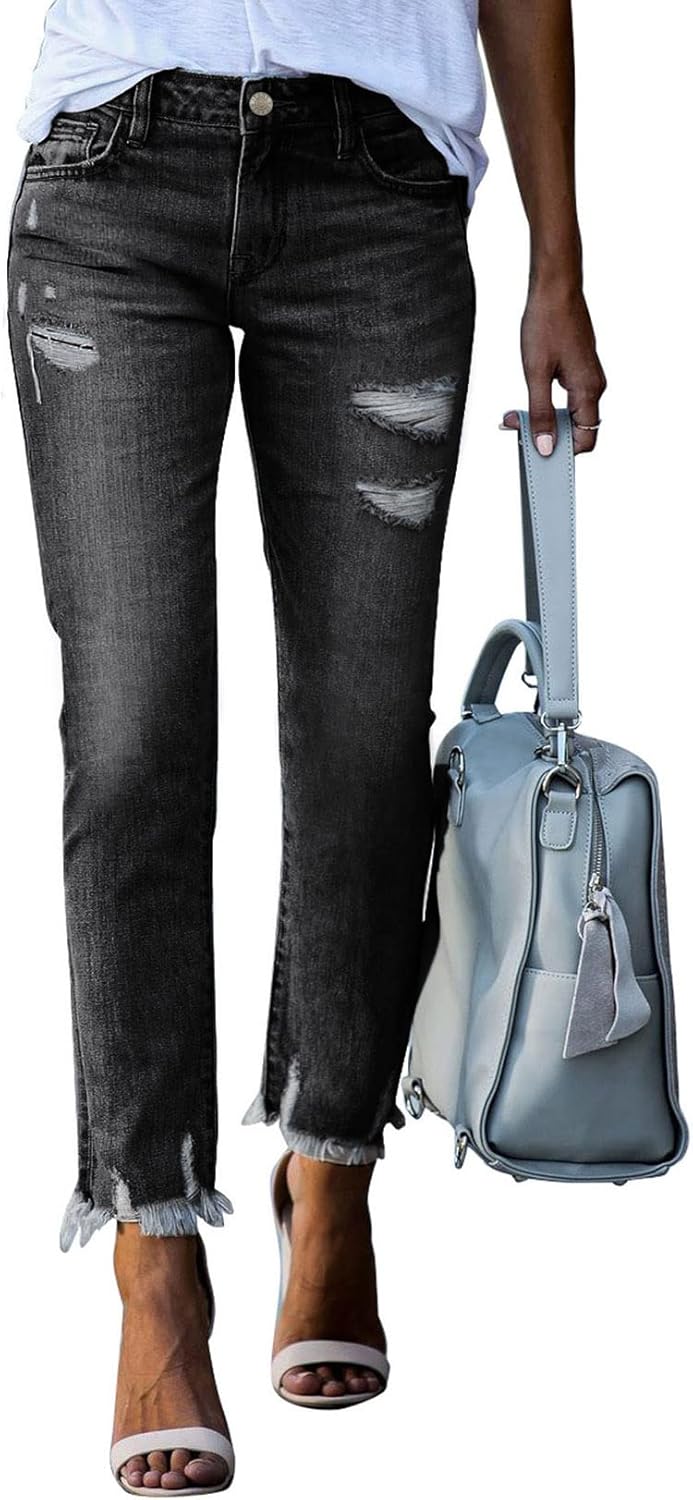 EVALESS Women's High Waisted Tummy Control Straight Ankle Ripped Jeans