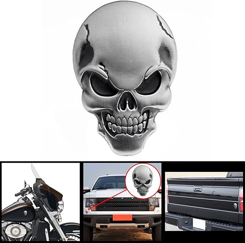 Miniatura 9 de Calcomanía universal 3D cromada de hueso de plata con ojos rojos de calavera de metal, calcomanía para guardabarros para coche y motocicleta