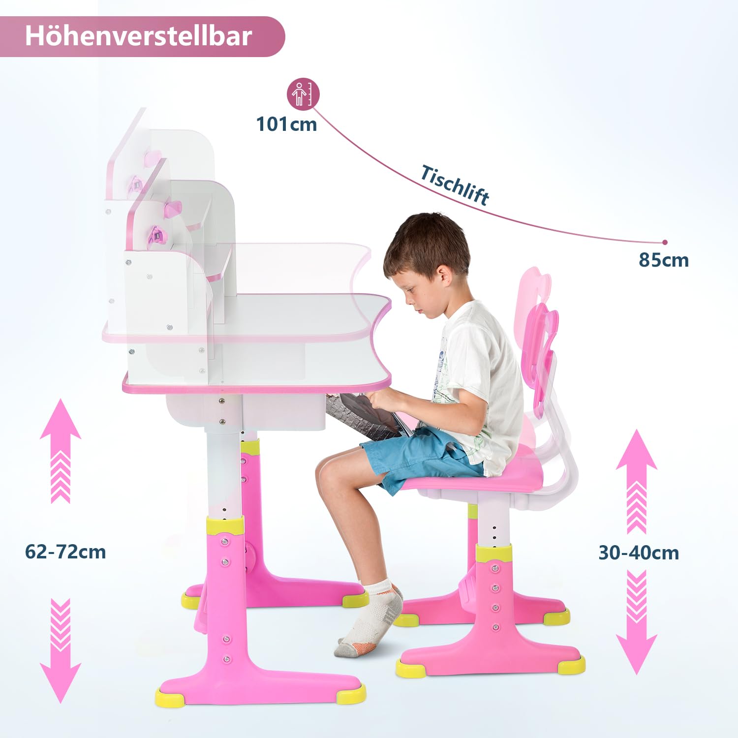 Kinderschreibtisch Set, höhenverstellbarer Kindertisch und Stuhl mit Schublade & Bücherständer, Kinder Schreibtisch für Jungs & Mädchen (Normales-Rosa)